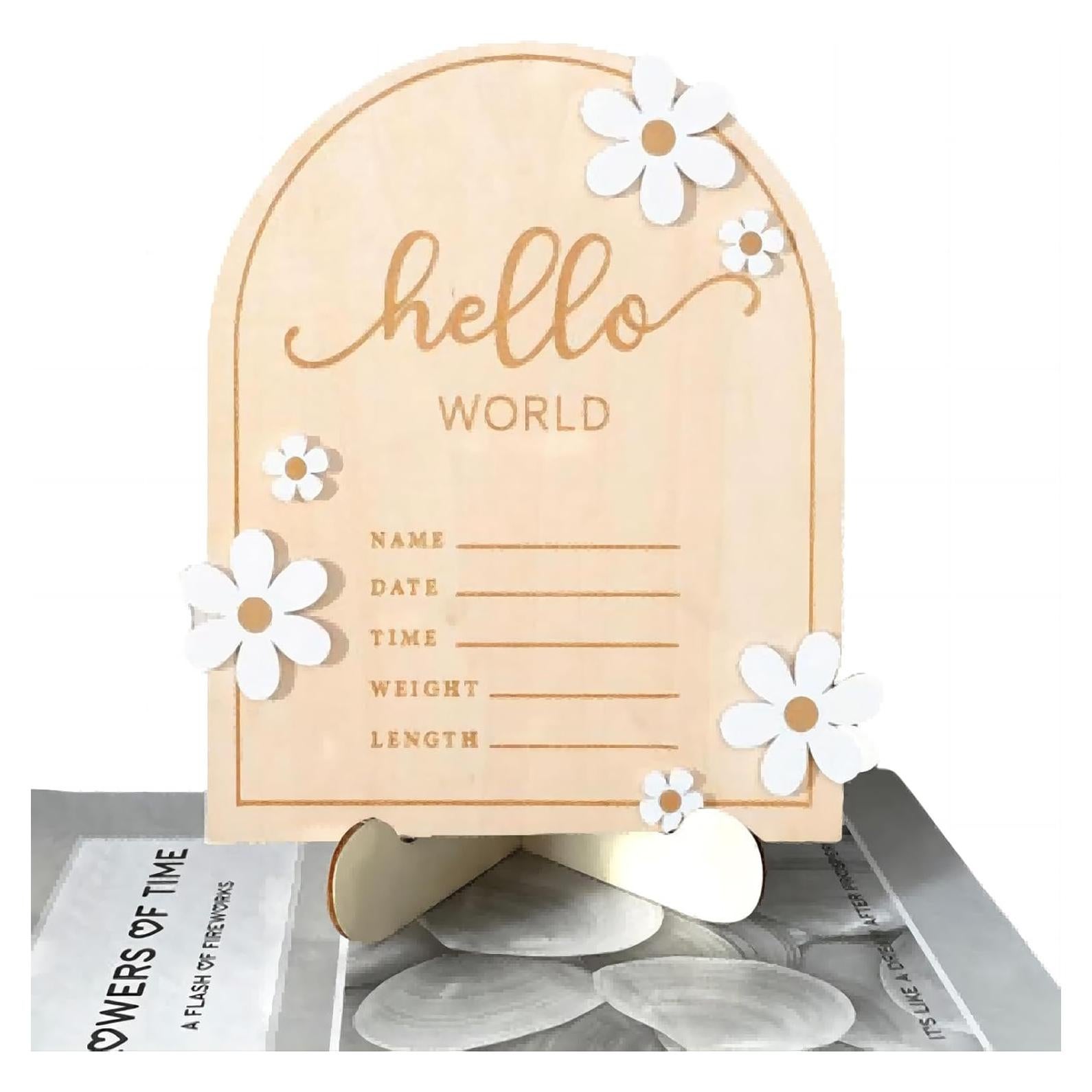 Tablero de Anuncio de Bebé Hello World - Madera 17.8x15.2 cm