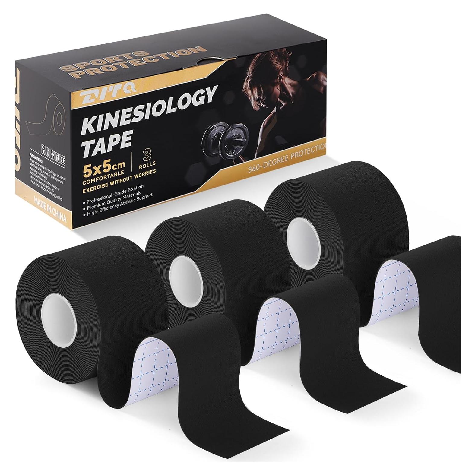 Cinta de Kinesiología ZVTQ Negra - 3 Rollos 5.08 cm x 4.88 m