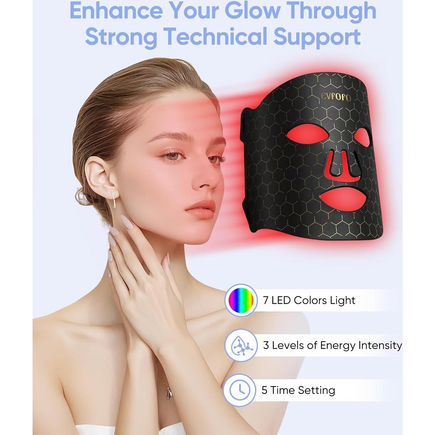 Máscara Facial LED Terapia de Luz Roja 7 Colores EVFOFO Negra