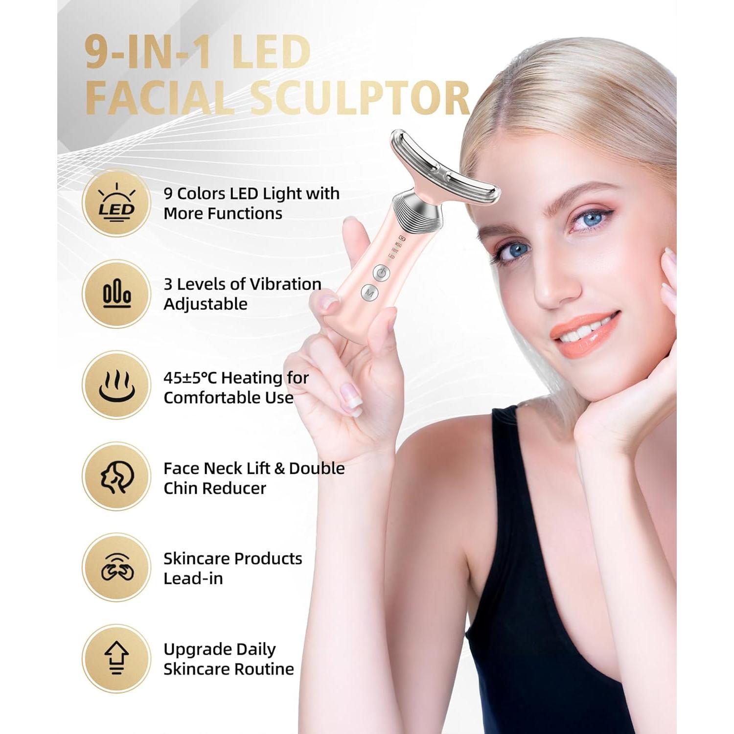 Masajeador Facial 9-en-1 LED Rosa - Terapia de Luz Roja