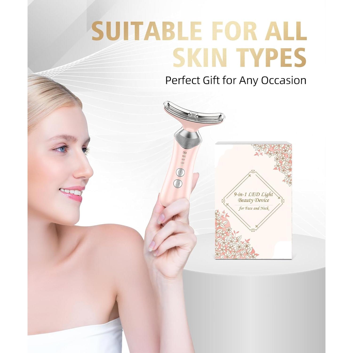 Masajeador Facial 9-en-1 LED Rosa - Terapia de Luz Roja