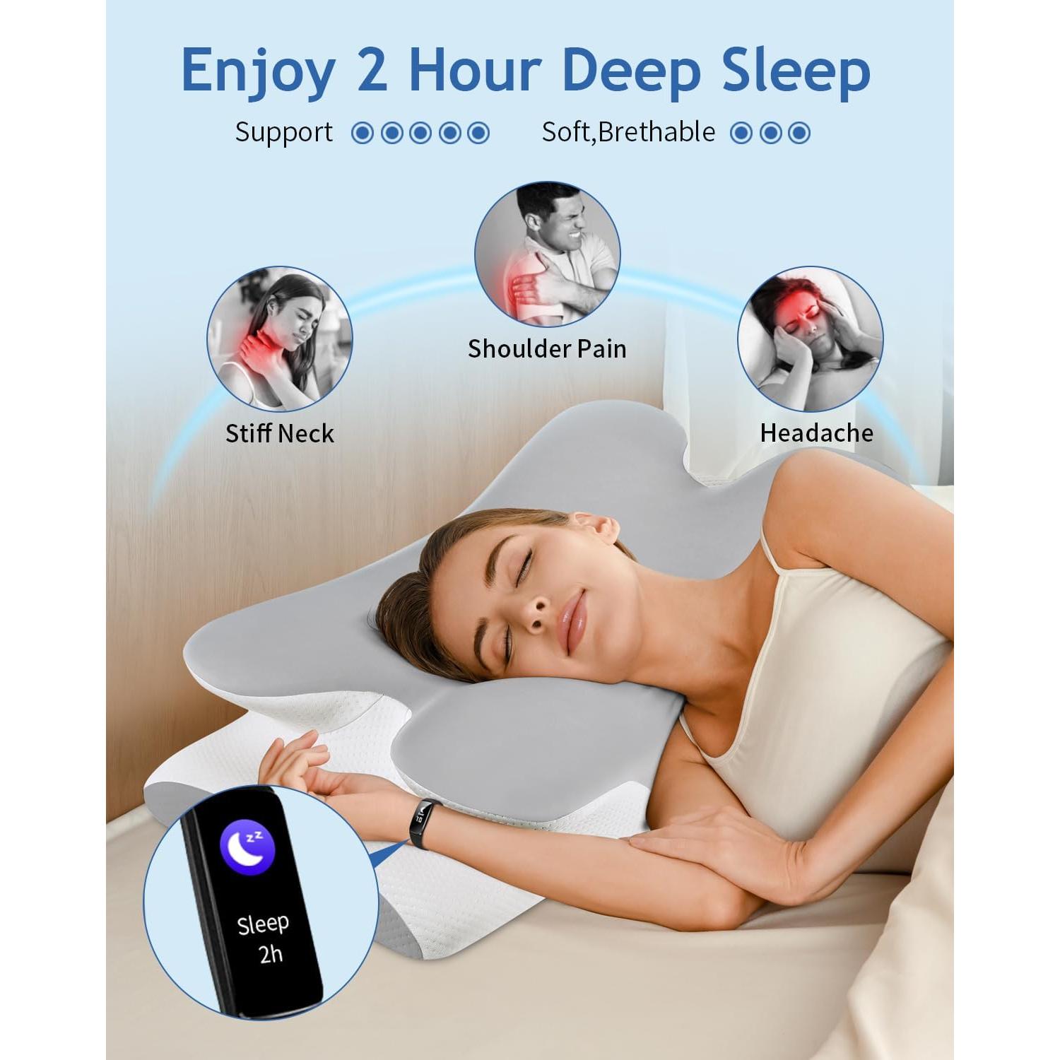 Cervical Neck Pillow for Neck Shoulder Pain Relief, Soft Contour Side Sleeper Pillow of 2 Heights, Odorless Q-max Cooling Memory Foam Orthopedic Bed Pillow for Back Stomach Sleeper