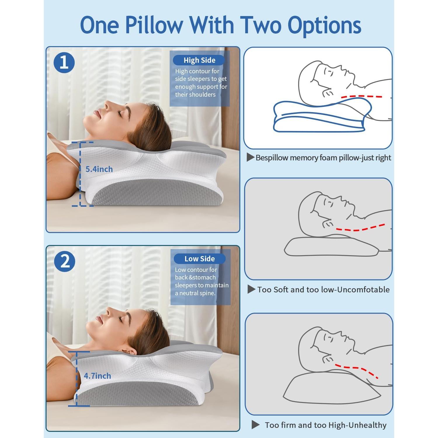 Cervical Neck Pillow for Neck Shoulder Pain Relief, Soft Contour Side Sleeper Pillow of 2 Heights, Odorless Q-max Cooling Memory Foam Orthopedic Bed Pillow for Back Stomach Sleeper