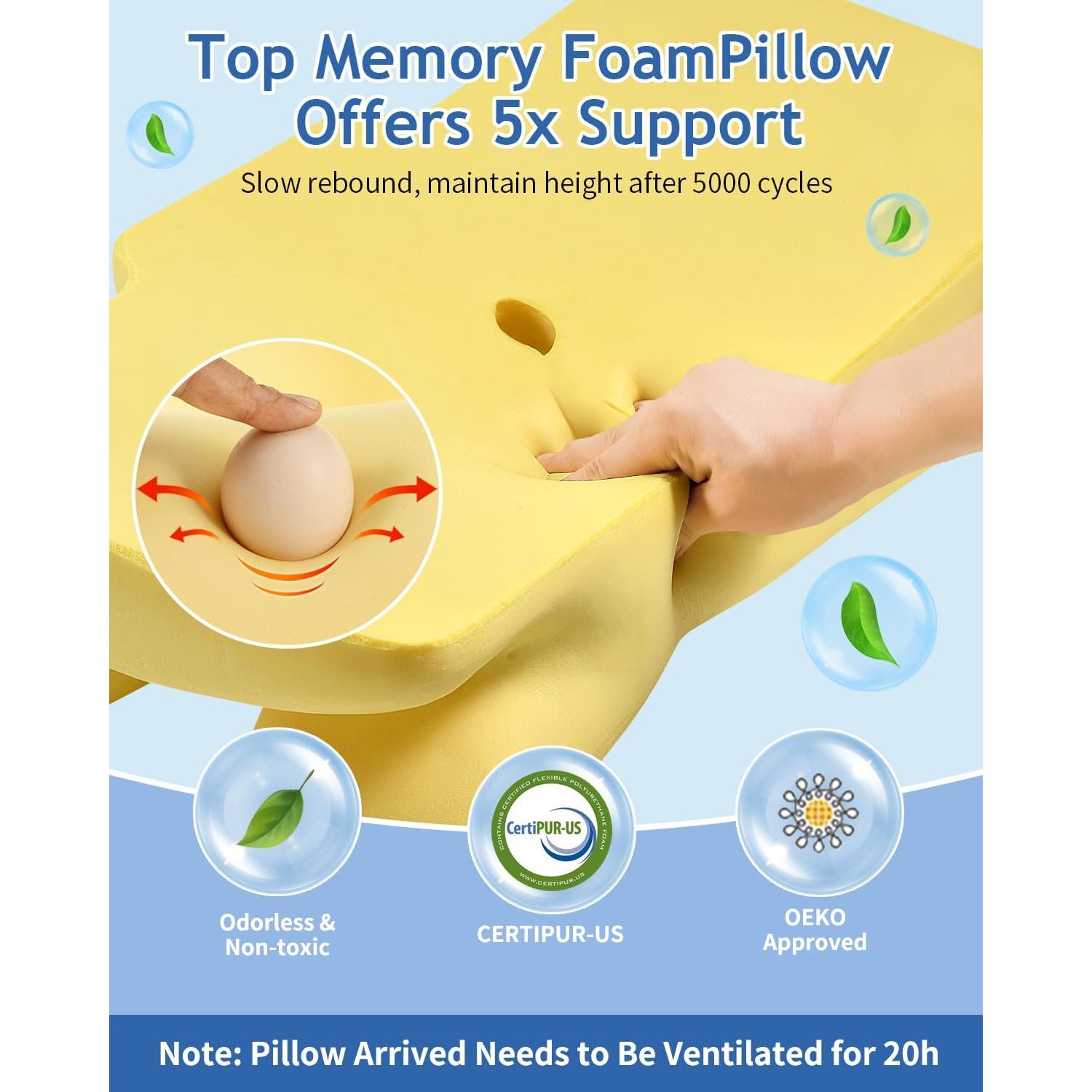 Cervical Neck Pillow for Neck Shoulder Pain Relief, Soft Contour Side Sleeper Pillow of 2 Heights, Odorless Q-max Cooling Memory Foam Orthopedic Bed Pillow for Back Stomach Sleeper