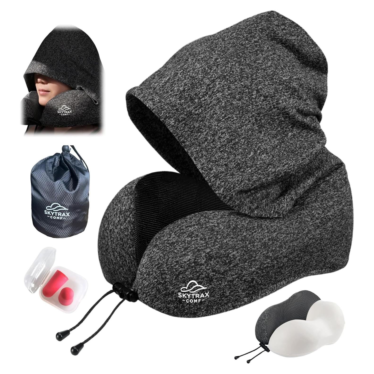 Almohada de Viaje con Capucha SKYTRAX COMF Gris Espuma de Memoria