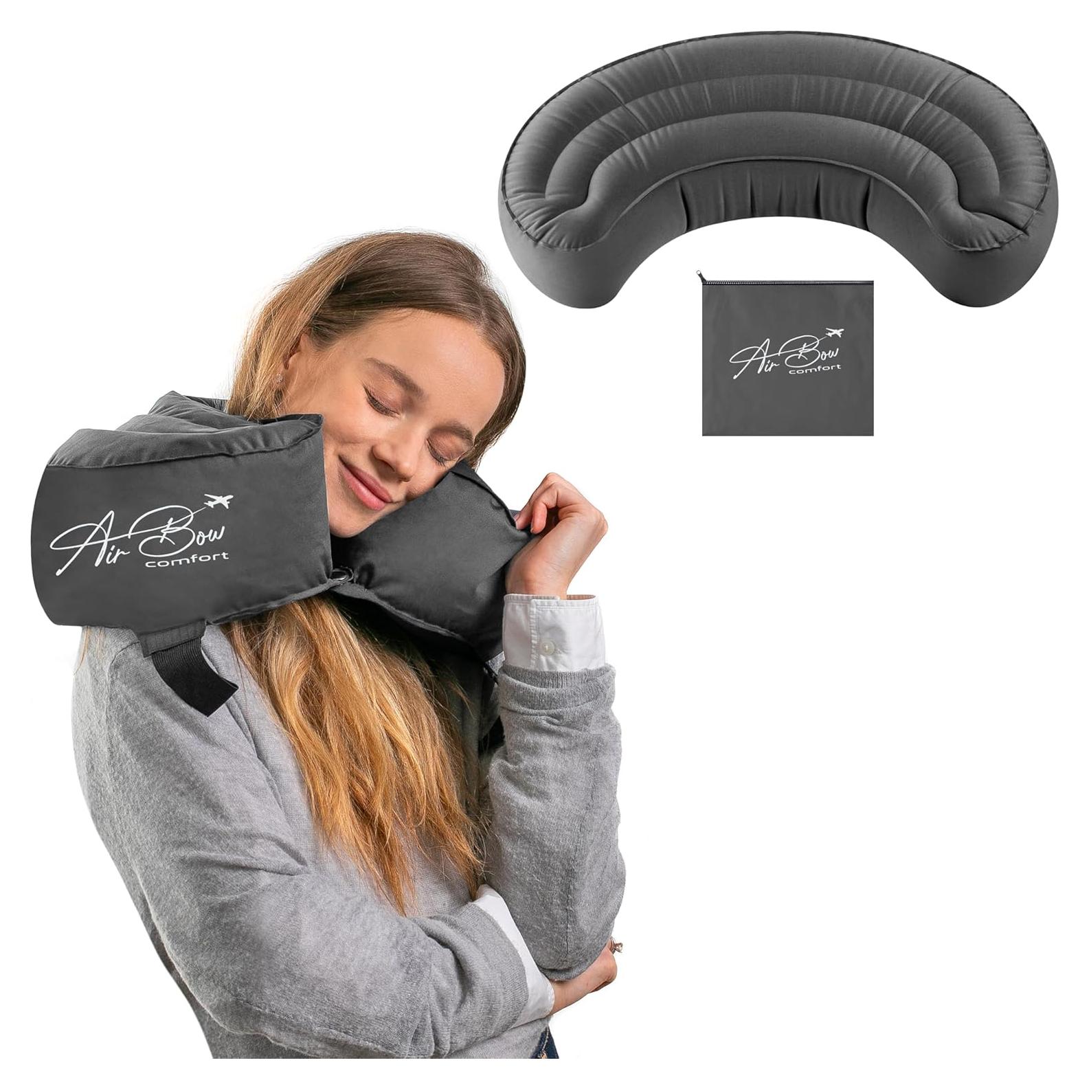 Almohada de Viaje Inflable Air Bow Comfort - Gris, Suave y Lavable