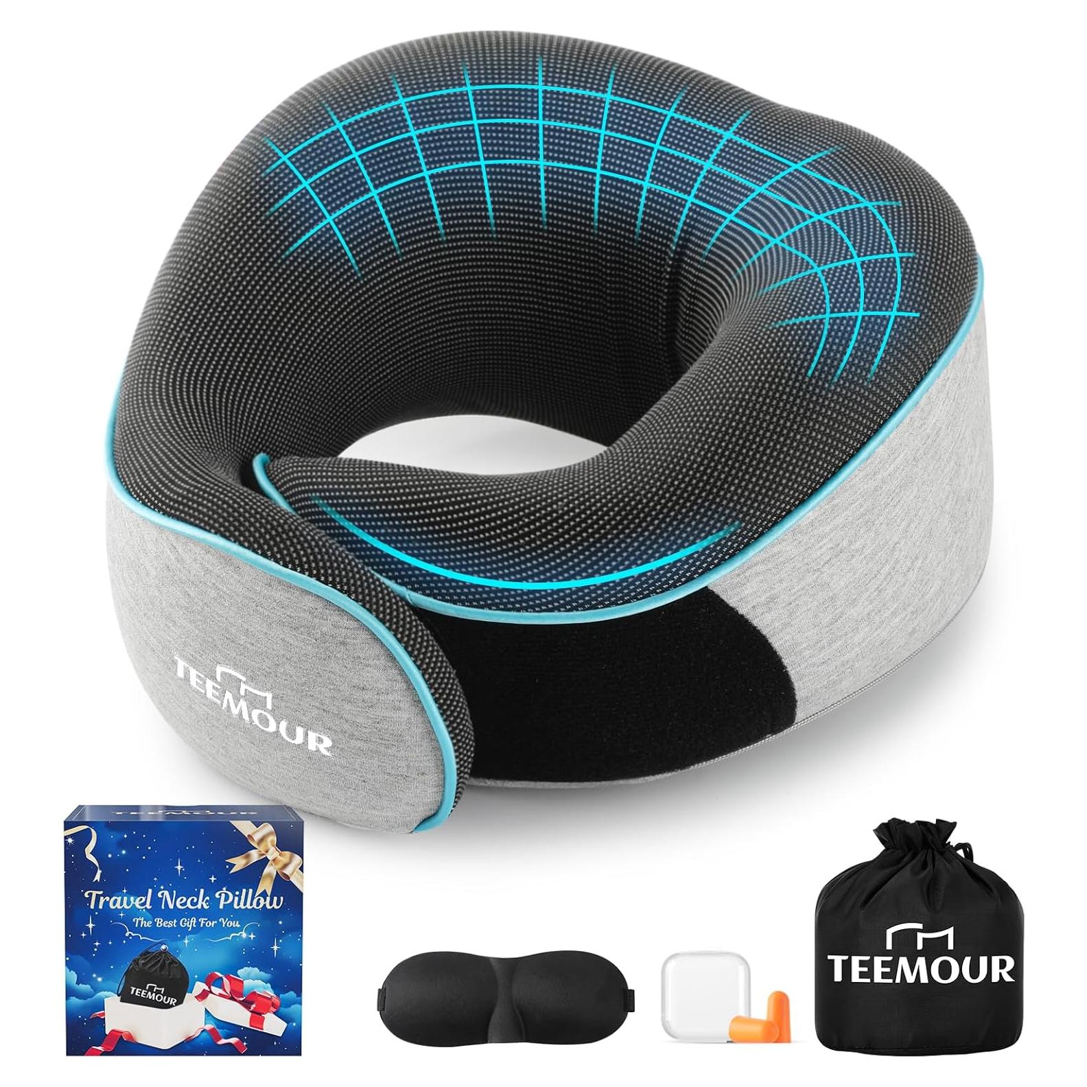 Almohada de Cuello Teemour para Viajes - Espuma de Memoria, Ajustable, Gris