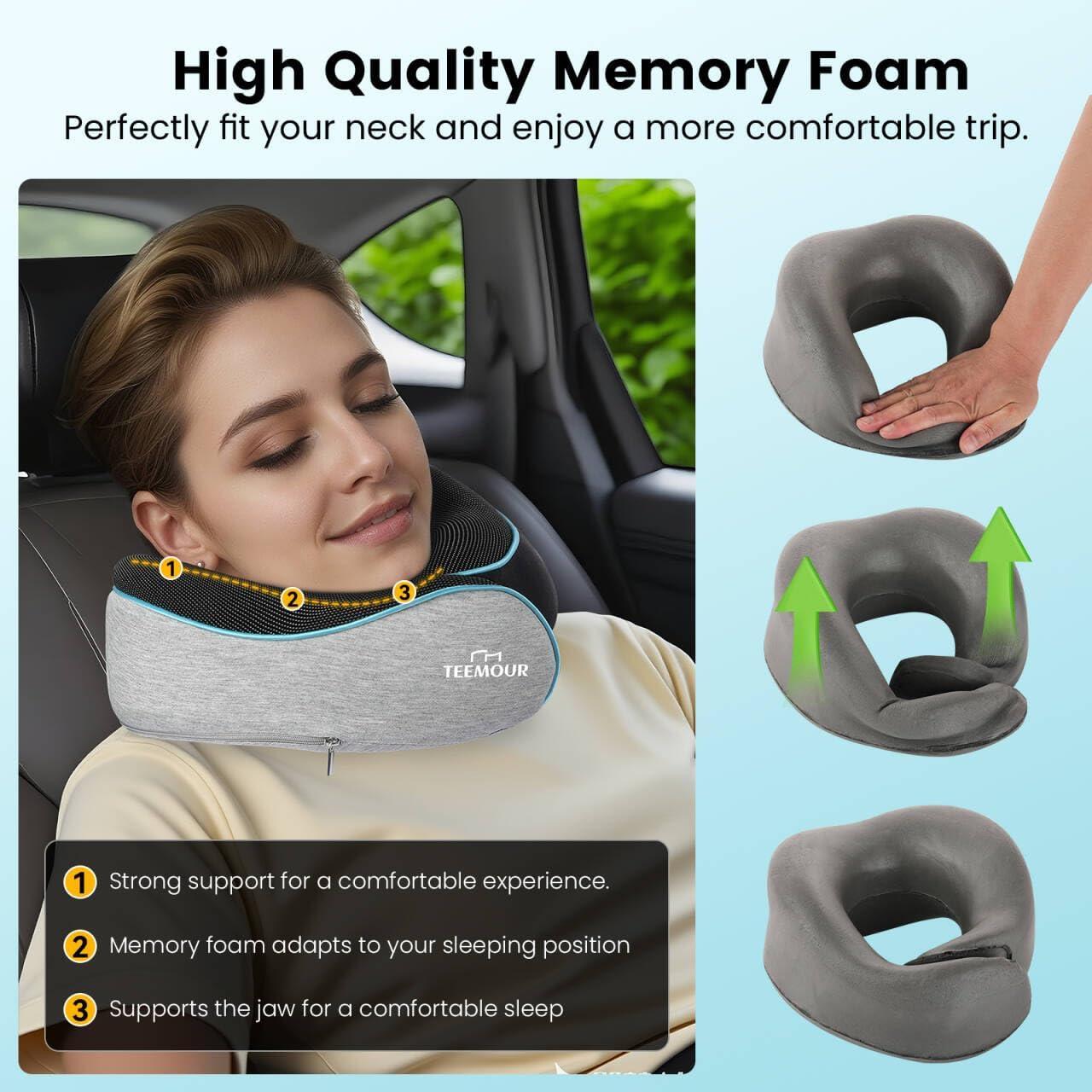 Almohada de Cuello Teemour para Viajes - Espuma de Memoria, Ajustable, Gris