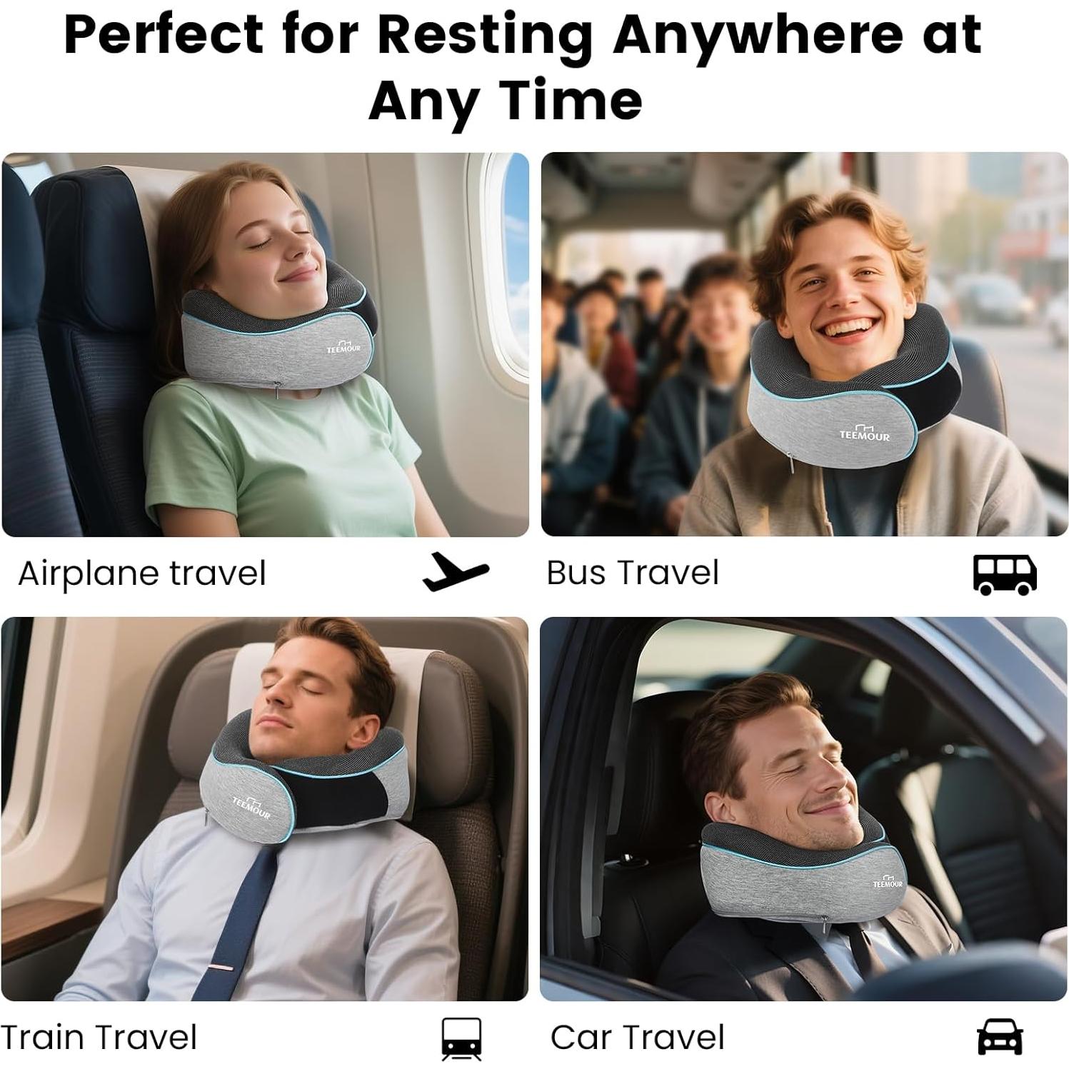 Almohada de Cuello Teemour para Viajes - Espuma de Memoria, Ajustable, Gris