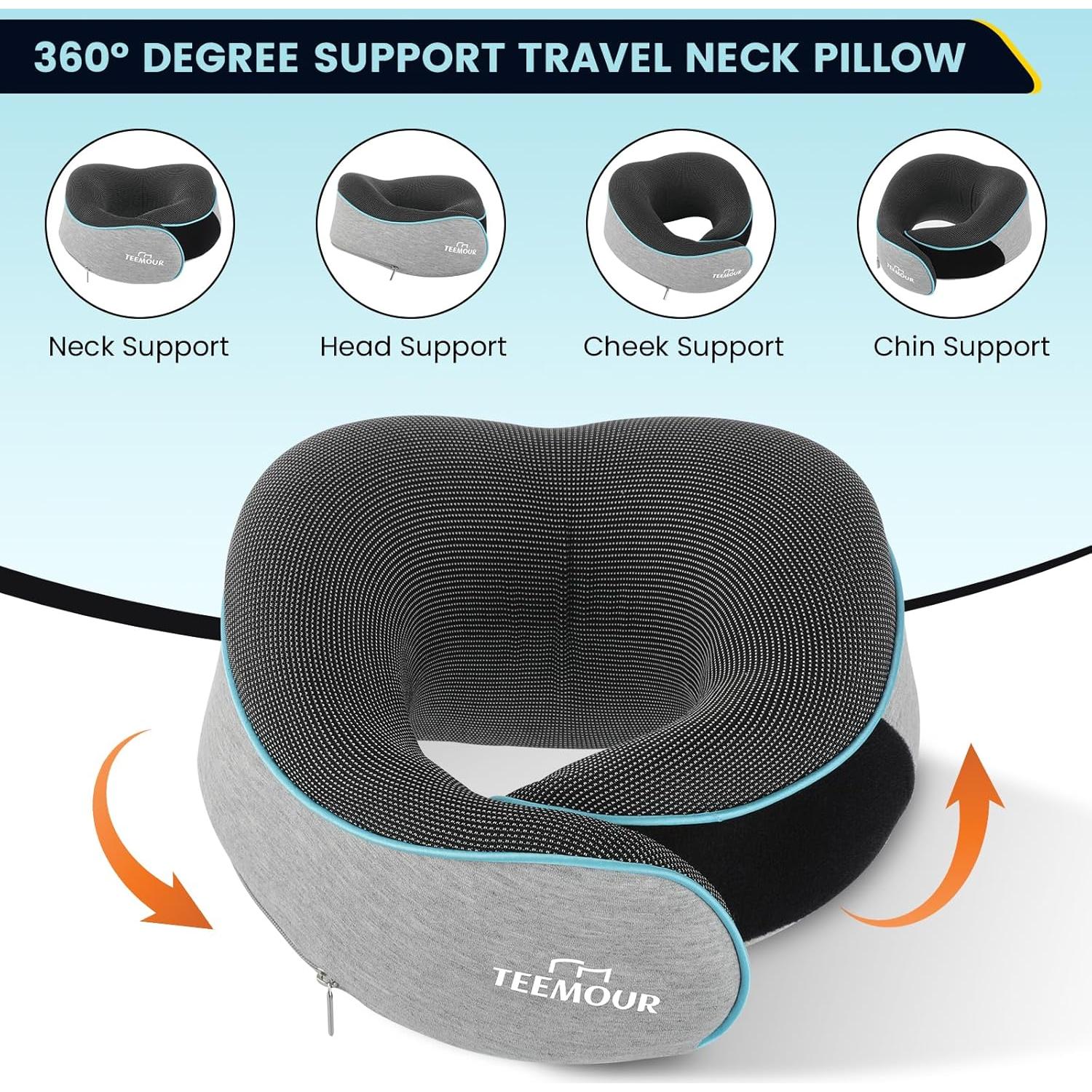 Almohada de Cuello Teemour para Viajes - Espuma de Memoria, Ajustable, Gris