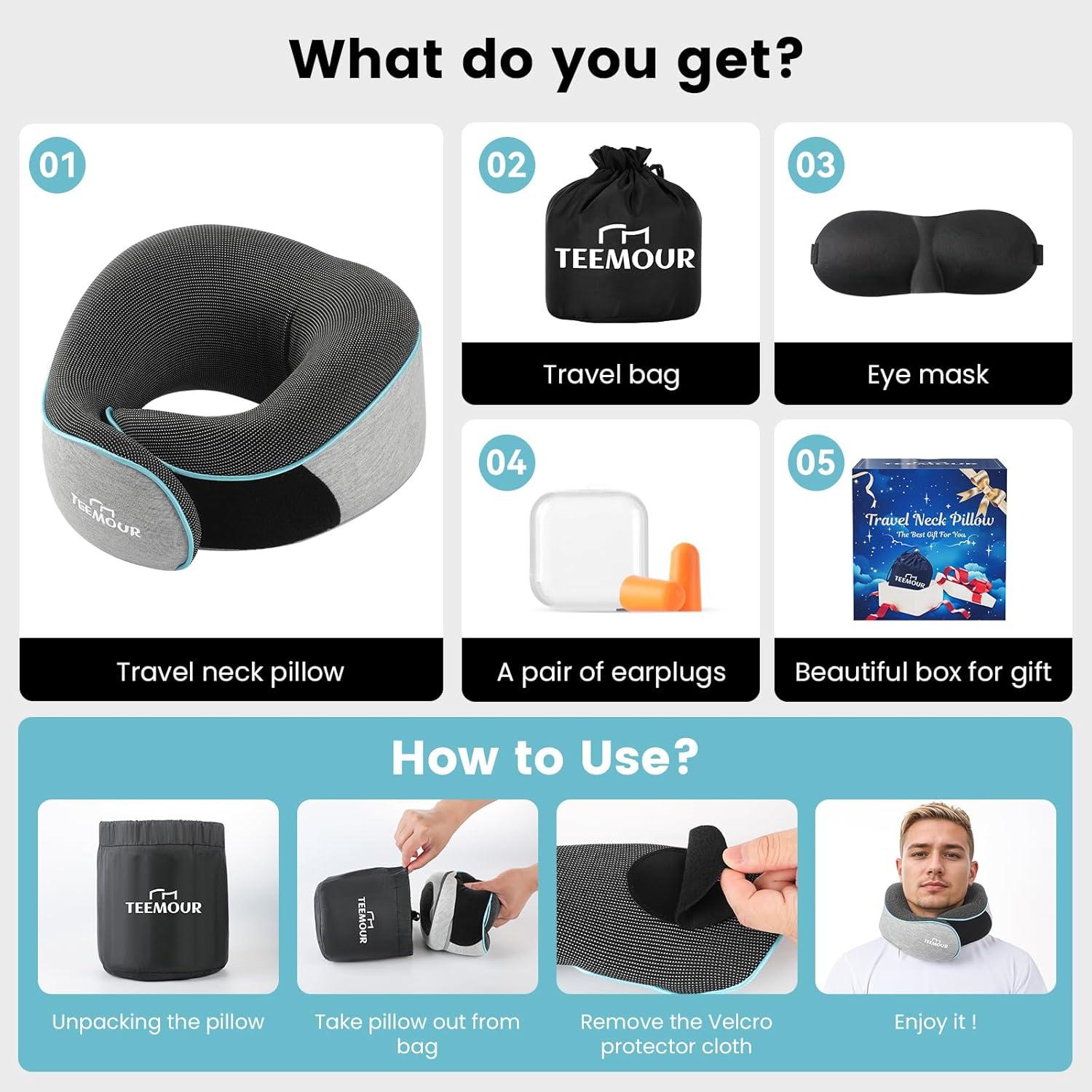 Almohada de Cuello Teemour para Viajes - Espuma de Memoria, Ajustable, Gris