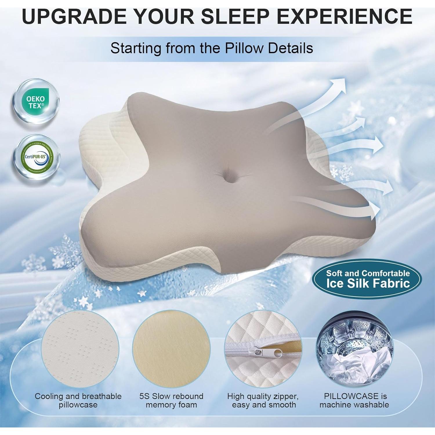 Cervical Neck Pillow - Cooling Pillow for Neck Pain Relief, Ergonomic Side, Back & Stomach Sleeper, Contour Orthopedic Memory Foam for with Pillowcase