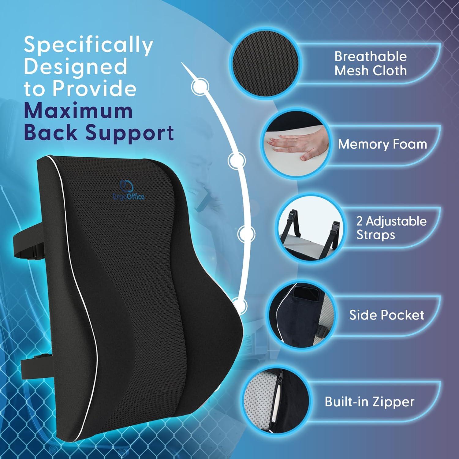 Cojín Lumbar Ergonómico ERGO OFFICE - Espuma Viscoelástica Negro