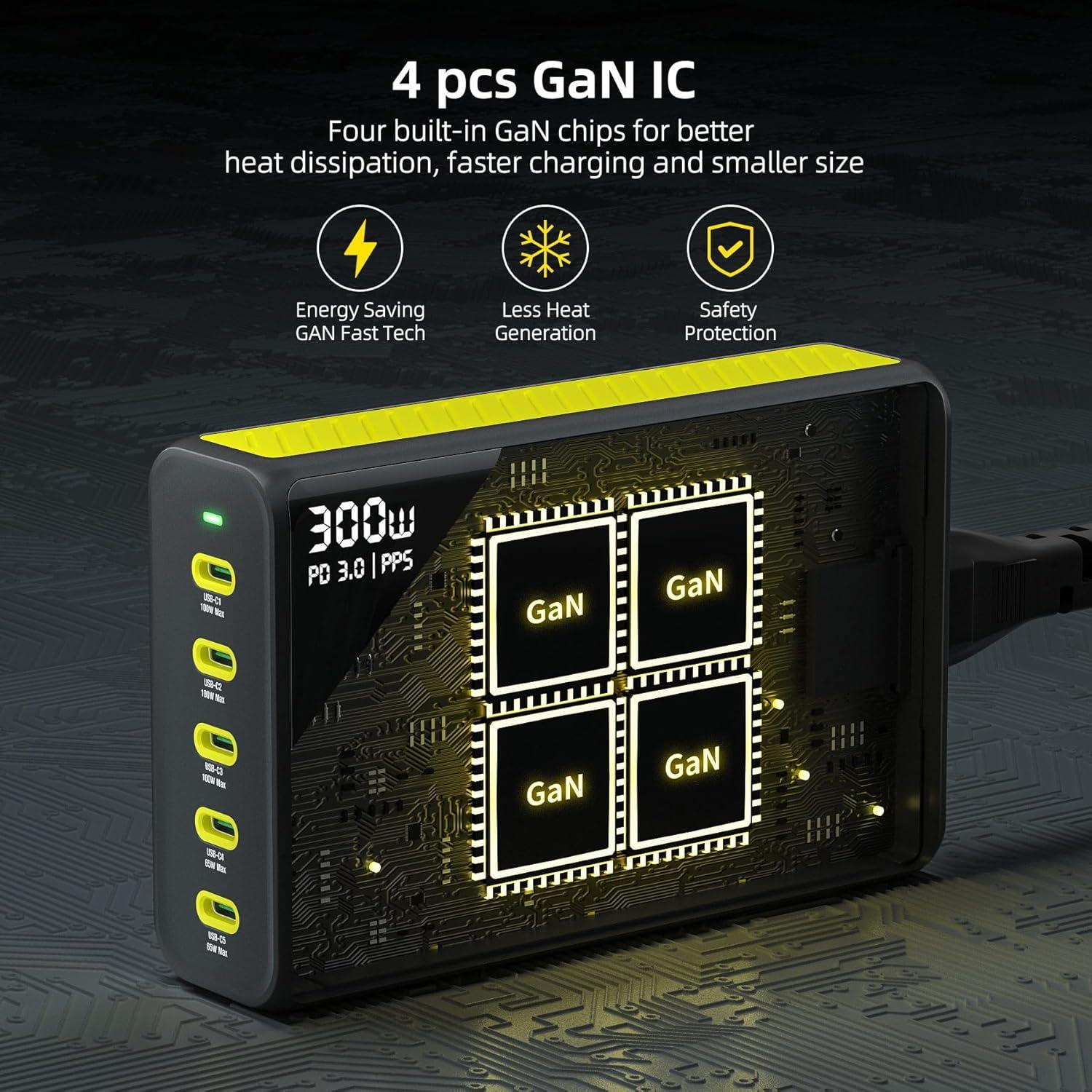 Cargador HUNDA 300W USB C 5 Puertos Carga Rápida PD 100W