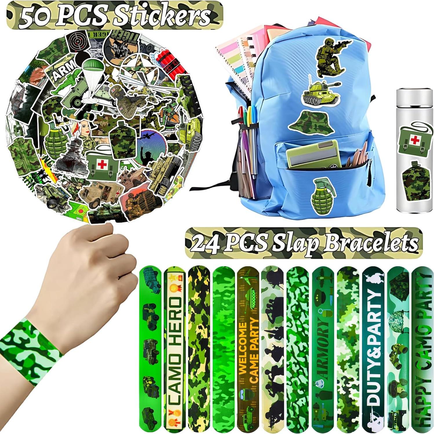 74PCS Fiesta Temática Militar: 24 Pulseras y 50 Calcomanías