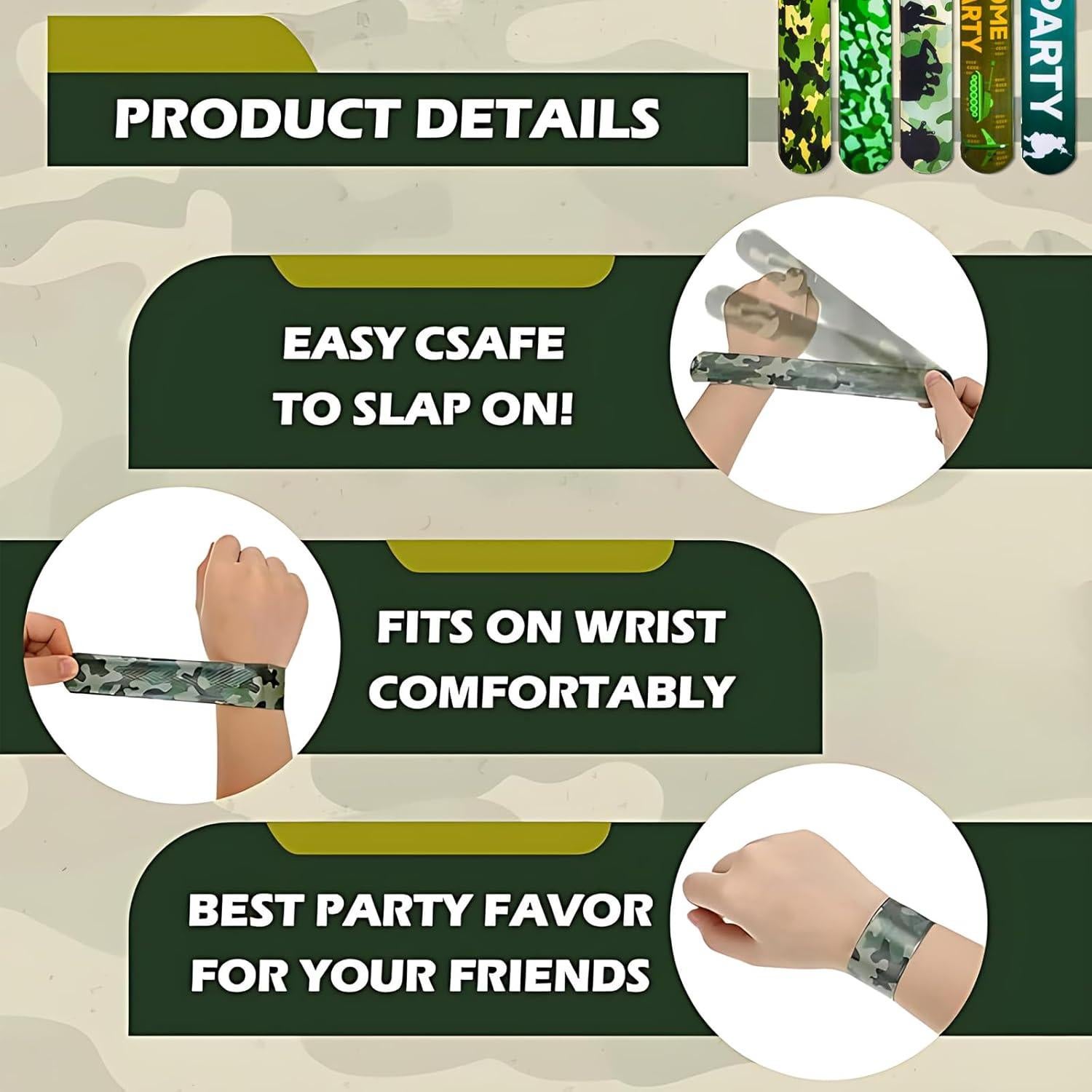 74PCS Fiesta Temática Militar: 24 Pulseras y 50 Calcomanías