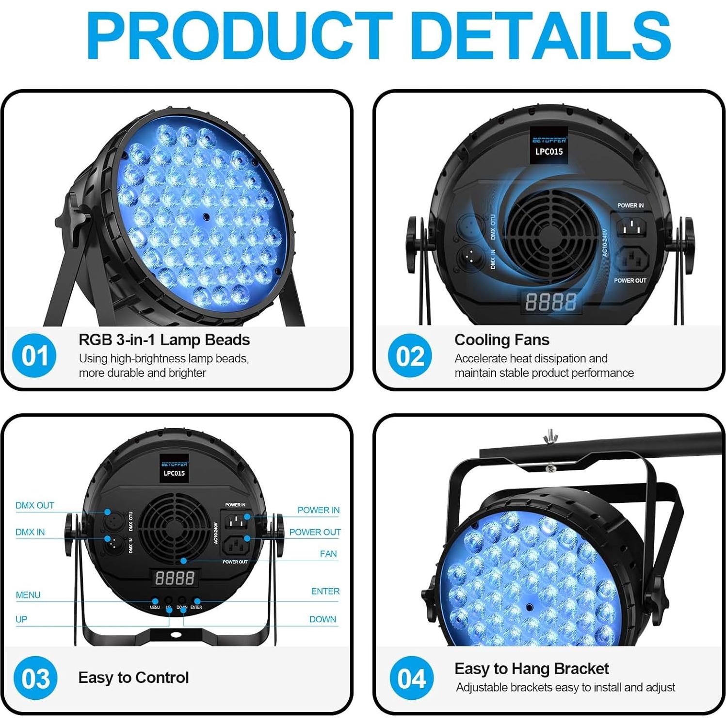 BETOPPER Luz DJ 2 Pzs 54x3W LED Par DMX Estroboscópica