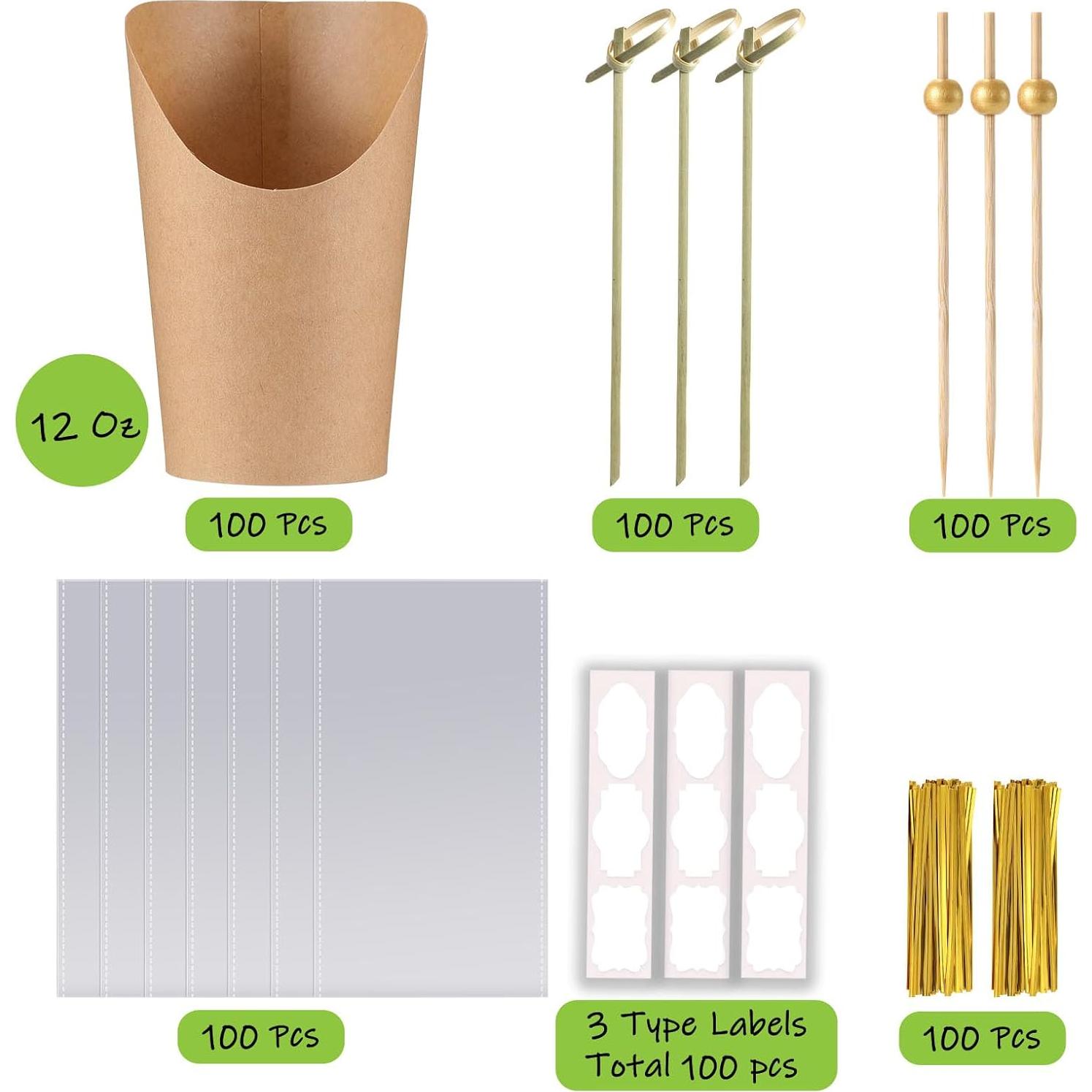 100 Tazas de Papel Desechables FSAH 12Oz con Palillos y Etiquetas