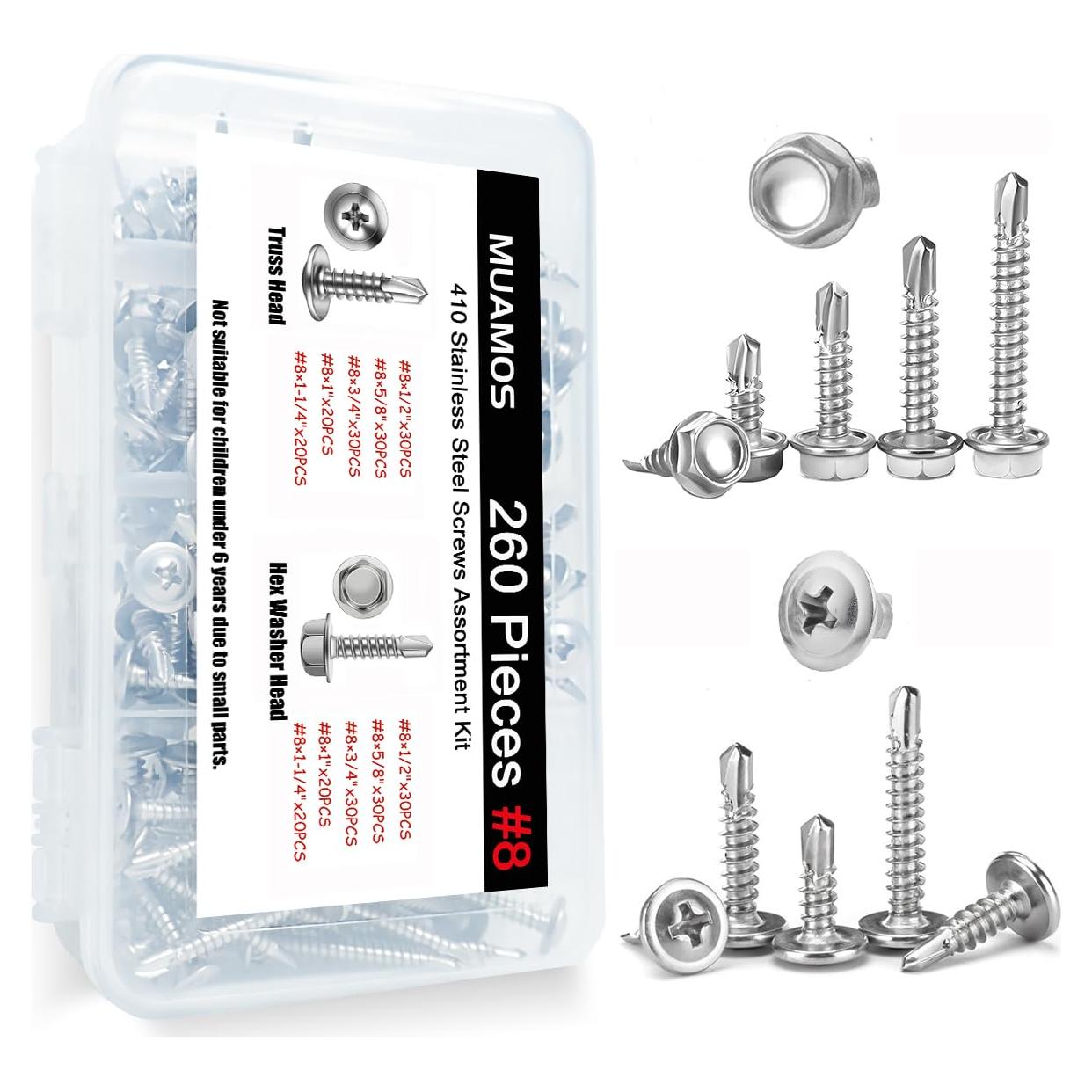Kit de Tornillos Autoperforantes #8 Muamos 260 Piezas Acero Inoxidable
