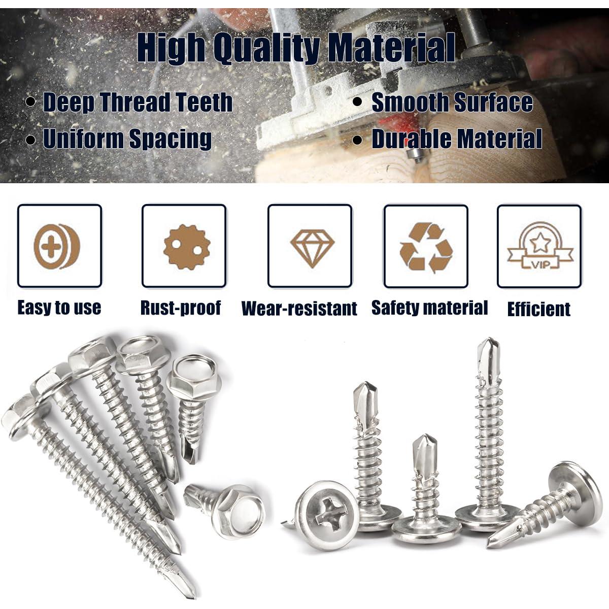 Kit de Tornillos Autoperforantes #8 Muamos 260 Piezas Acero Inoxidable