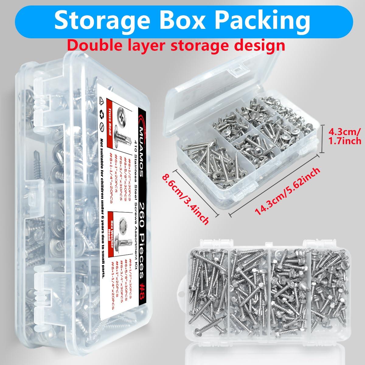 Kit de Tornillos Autoperforantes #8 Muamos 260 Piezas Acero Inoxidable