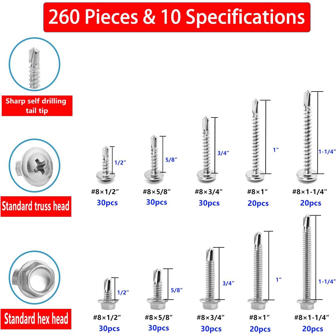 Kit de Tornillos Autoperforantes #8 Muamos 260 Piezas Acero Inoxidable