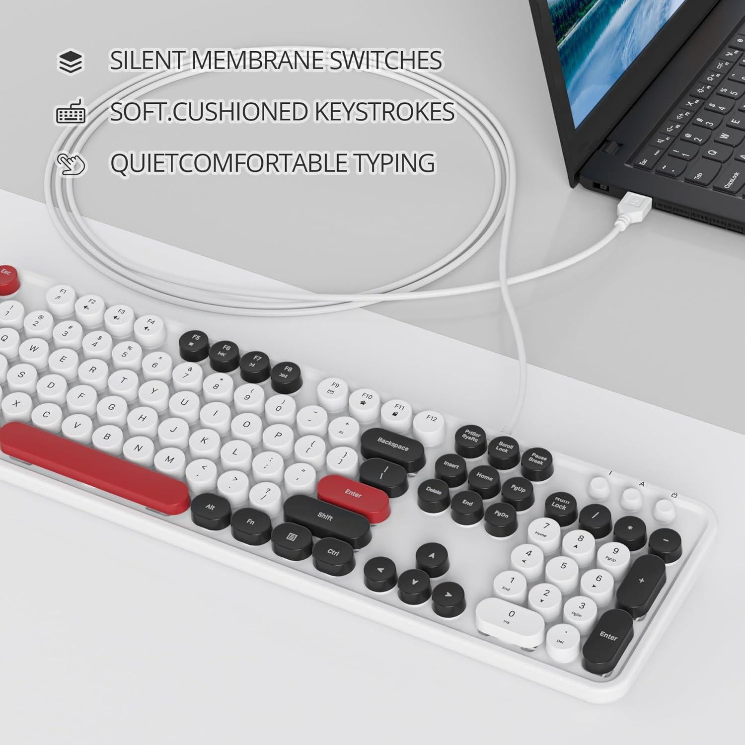 Teclado Retro Owpkeenthy USB Blanco Minimalista Completo