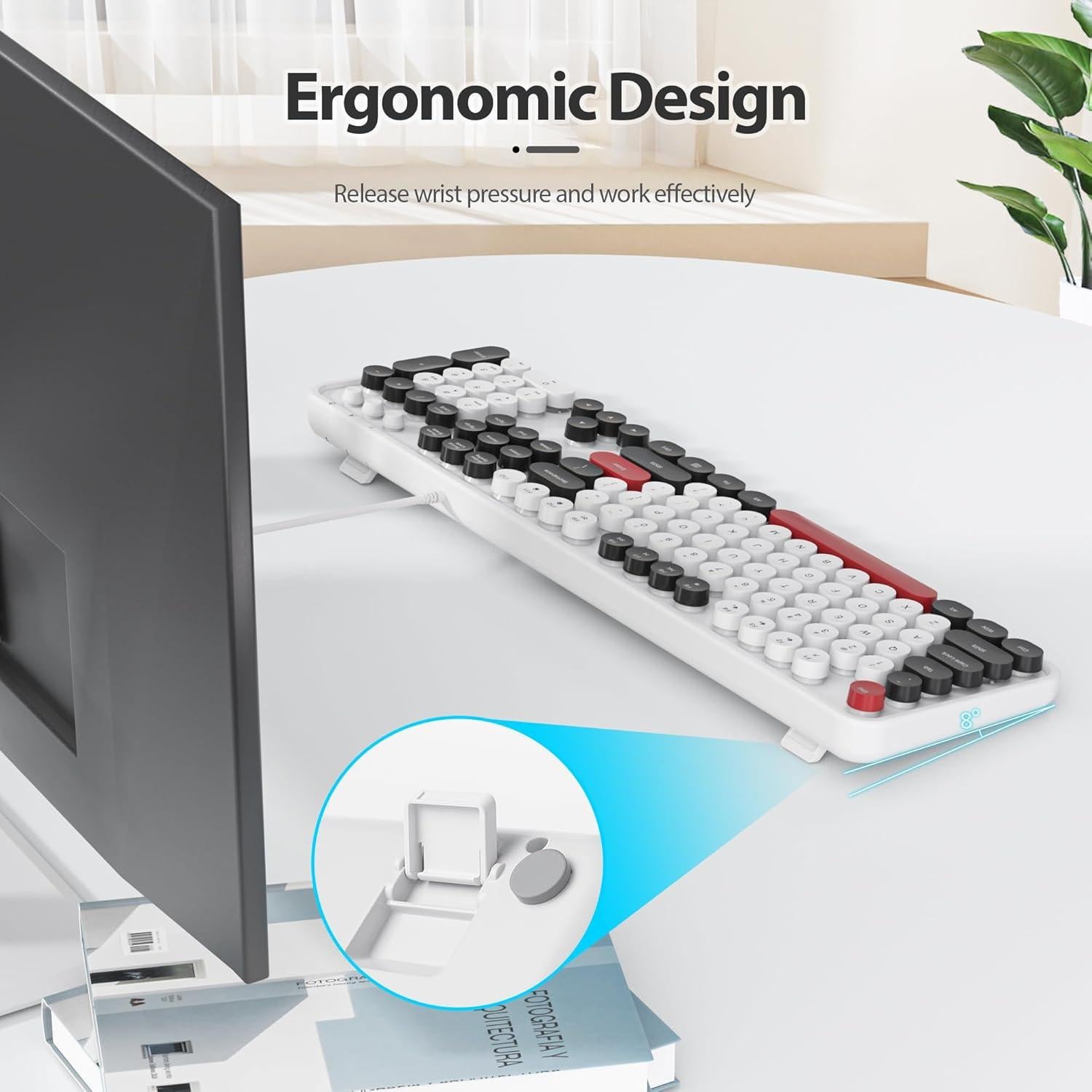 Teclado Retro Owpkeenthy USB Blanco Minimalista Completo