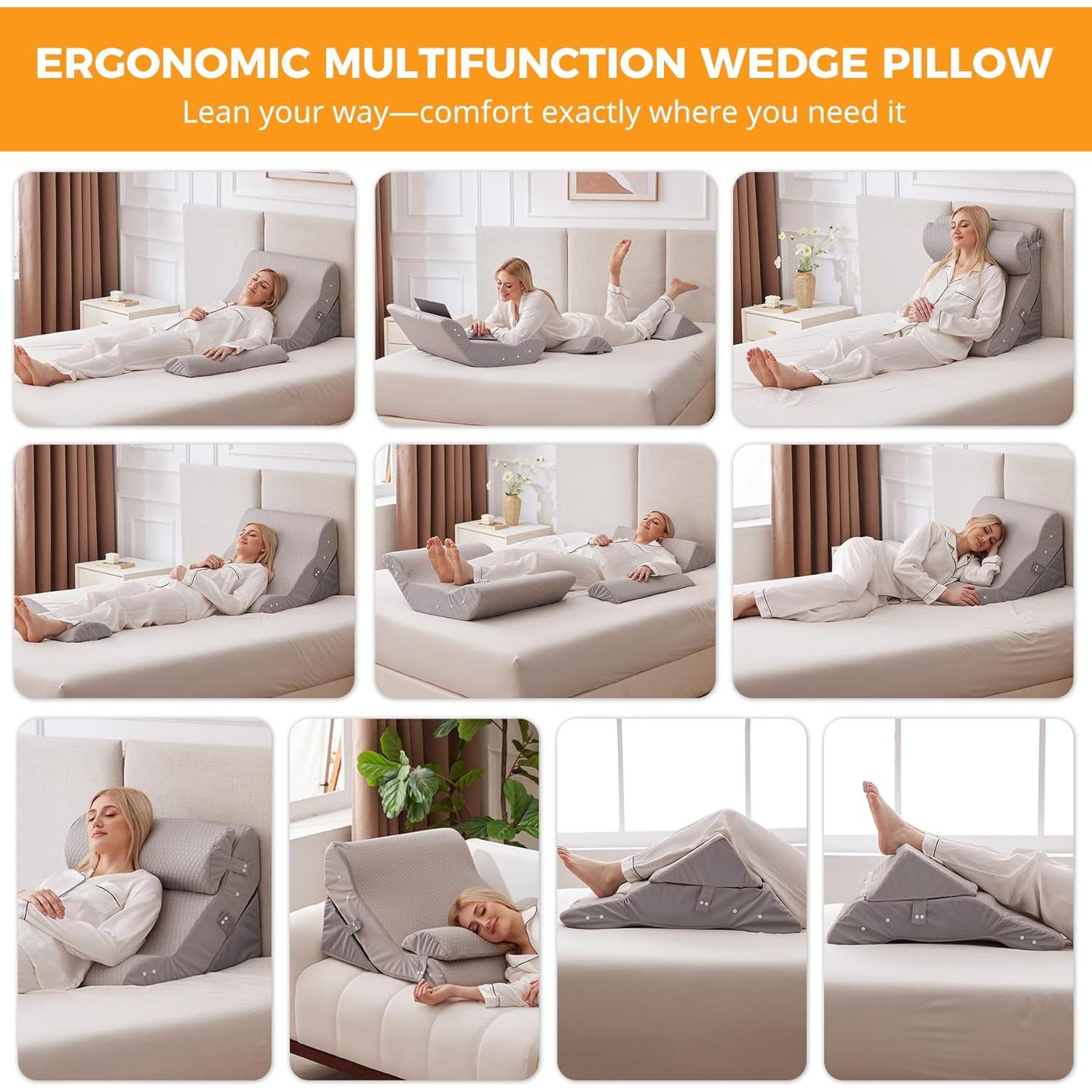 Juego de Almohadas en Cuña Ajustable 3 Piezas Ruqmuis Gris