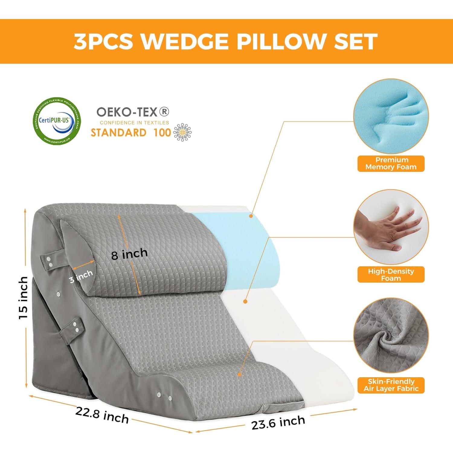 Juego de Almohadas en Cuña Ajustable 3 Piezas Ruqmuis Gris