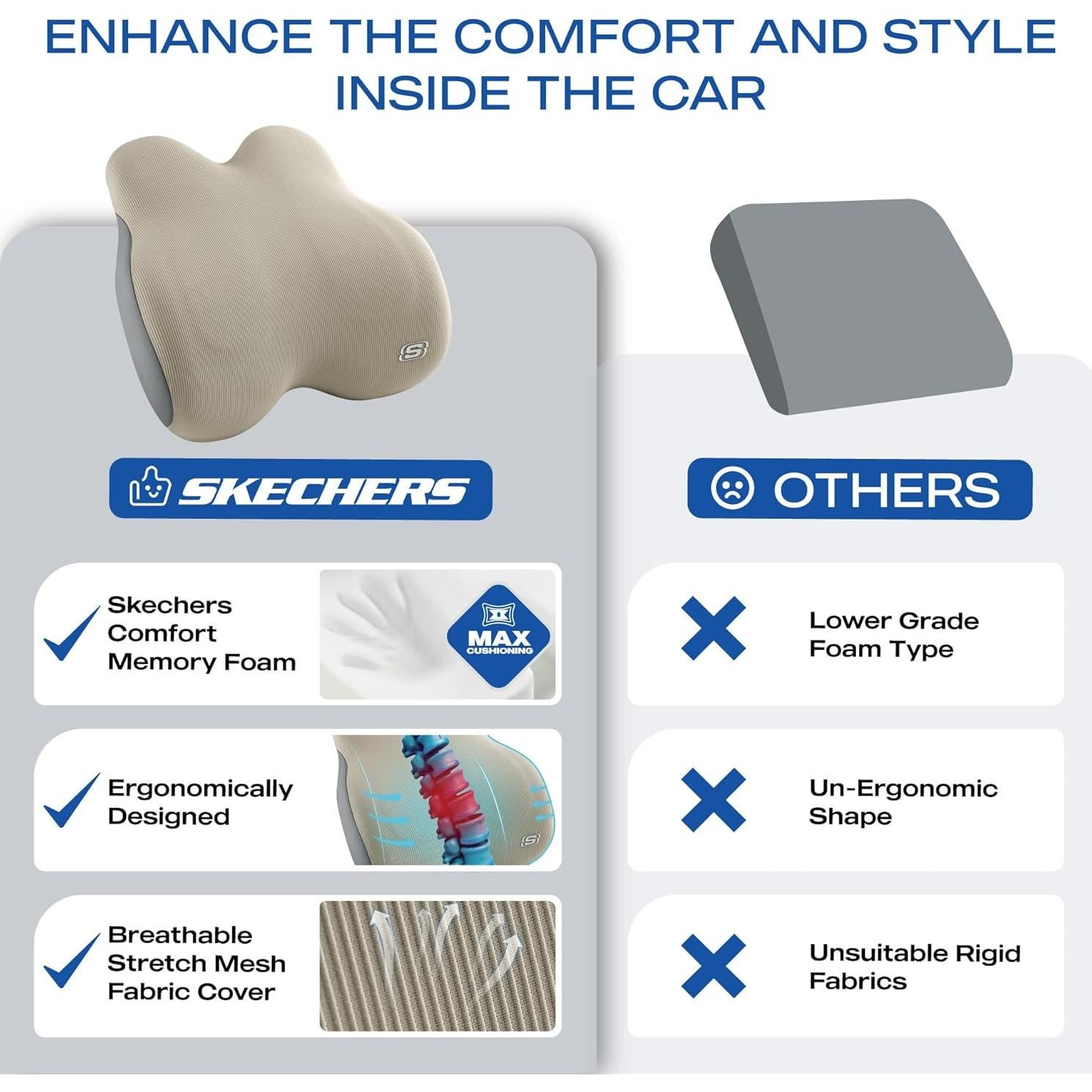 Almohada Lumbar Ergonomica Skechers de Espuma Memoria Beige