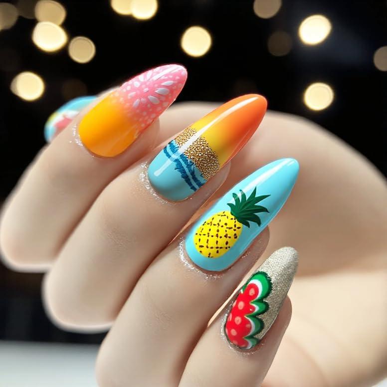 Uñas Postizas de Verano NGMATY 24Pcs Diseño Piña y Flores