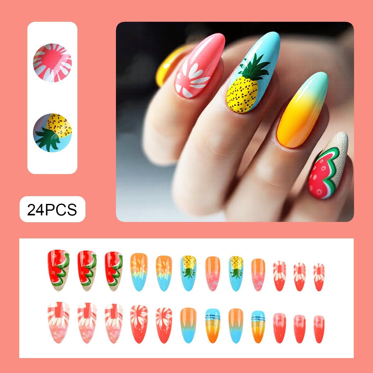 Uñas Postizas de Verano NGMATY 24Pcs Diseño Piña y Flores