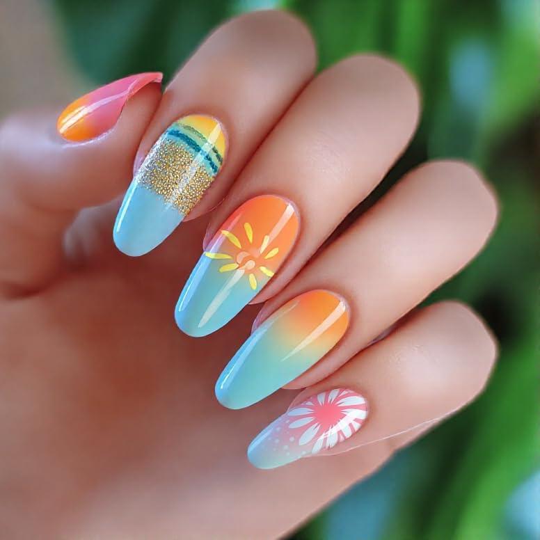 Uñas Postizas de Verano NGMATY 24Pcs Diseño Piña y Flores