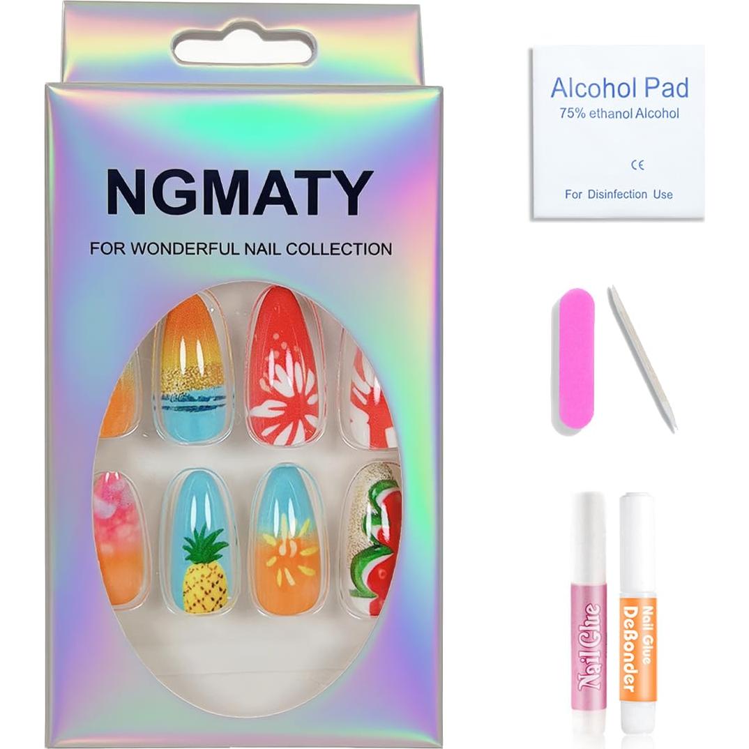 Uñas Postizas de Verano NGMATY 24Pcs Diseño Piña y Flores