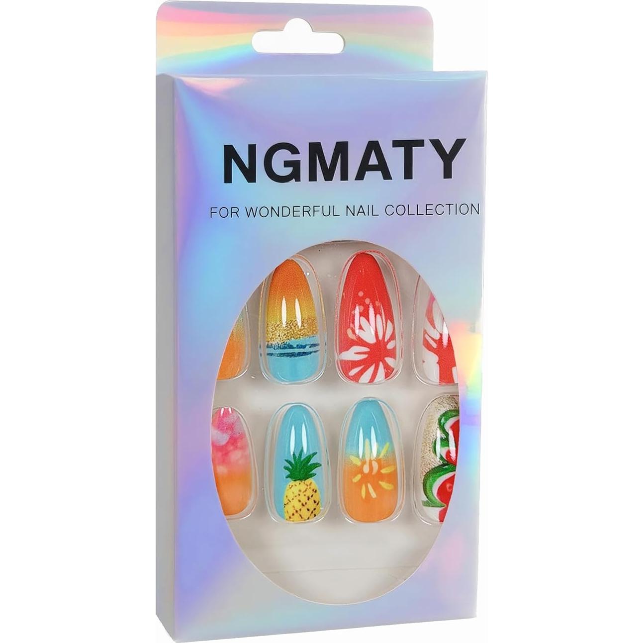 Uñas Postizas de Verano NGMATY 24Pcs Diseño Piña y Flores