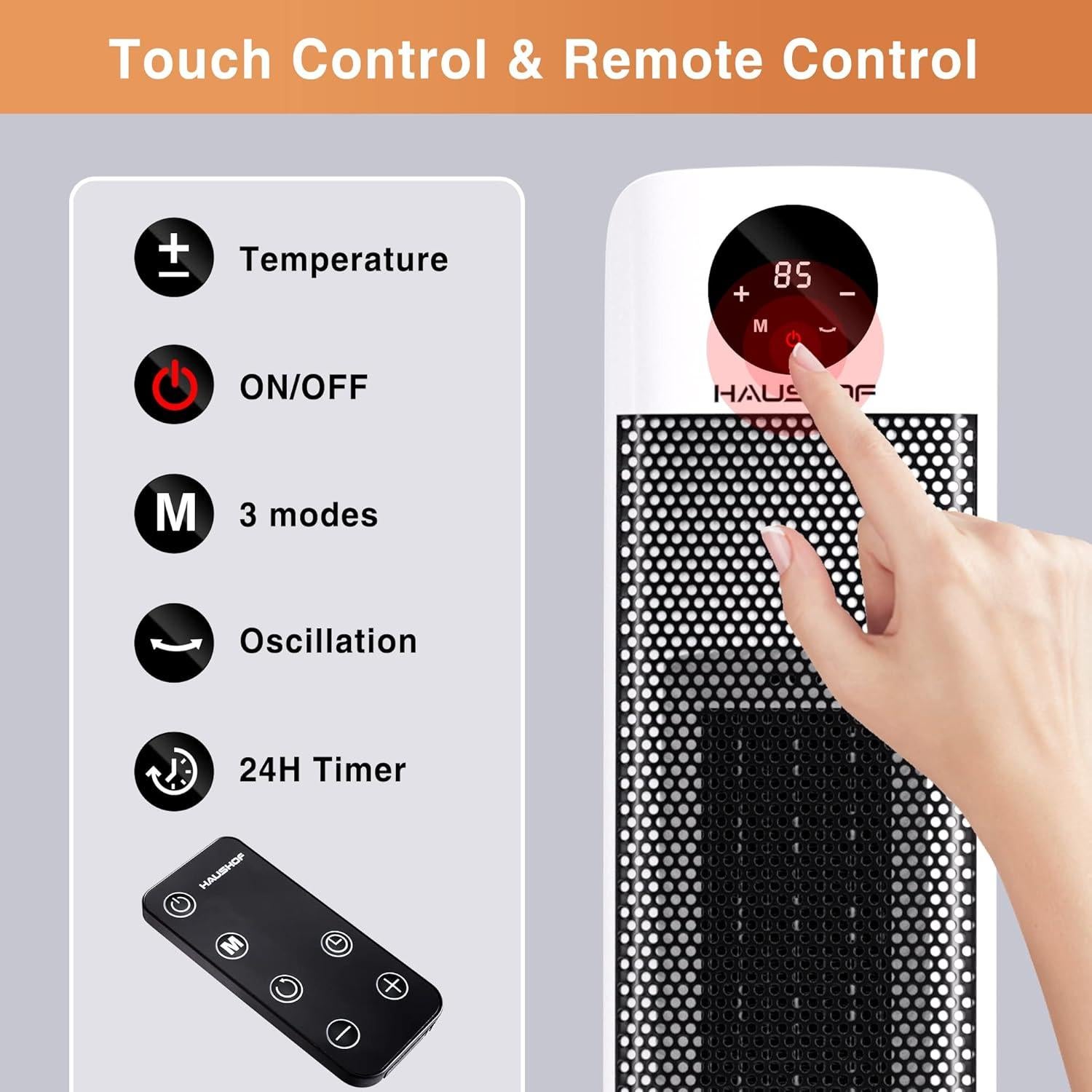 Calefactor de Torre Eléctrico HAUSHOF 1500W con Control Remoto