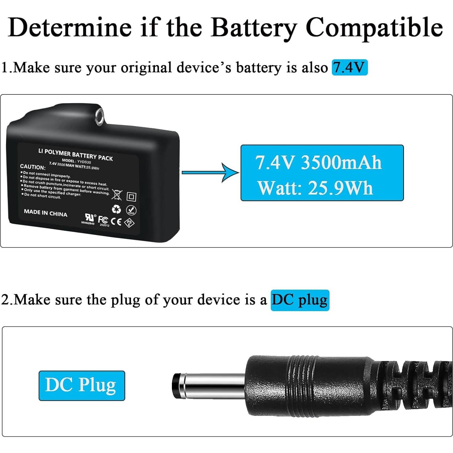 Baterías recargables VVHOOY 7.4V 3500mAh para guantes y calcetines