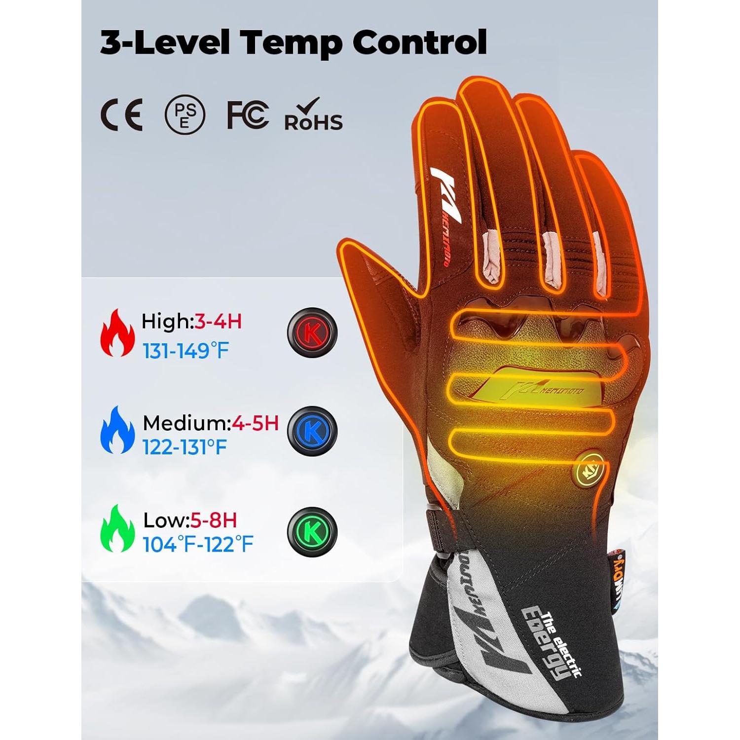 KEMIMOTO 2025 Version Heated Motorcycle Gloves for Men and Women with Hard Protective Shields, 7.4V 2500mAh Rechargeable Battery, Waterproof, Touchscreen Compatible, Lasts up to 8 Hours, XL Black
