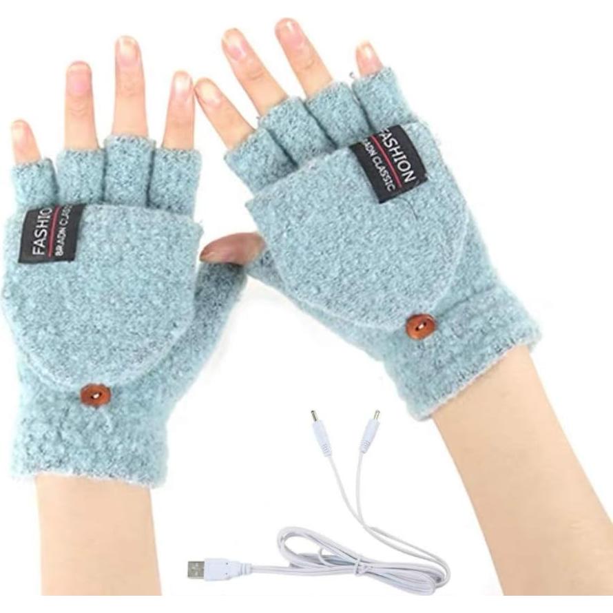 Guantes Calentados USB Kbinter para Invierno - Medios Dedos, Verde Menta/Azul