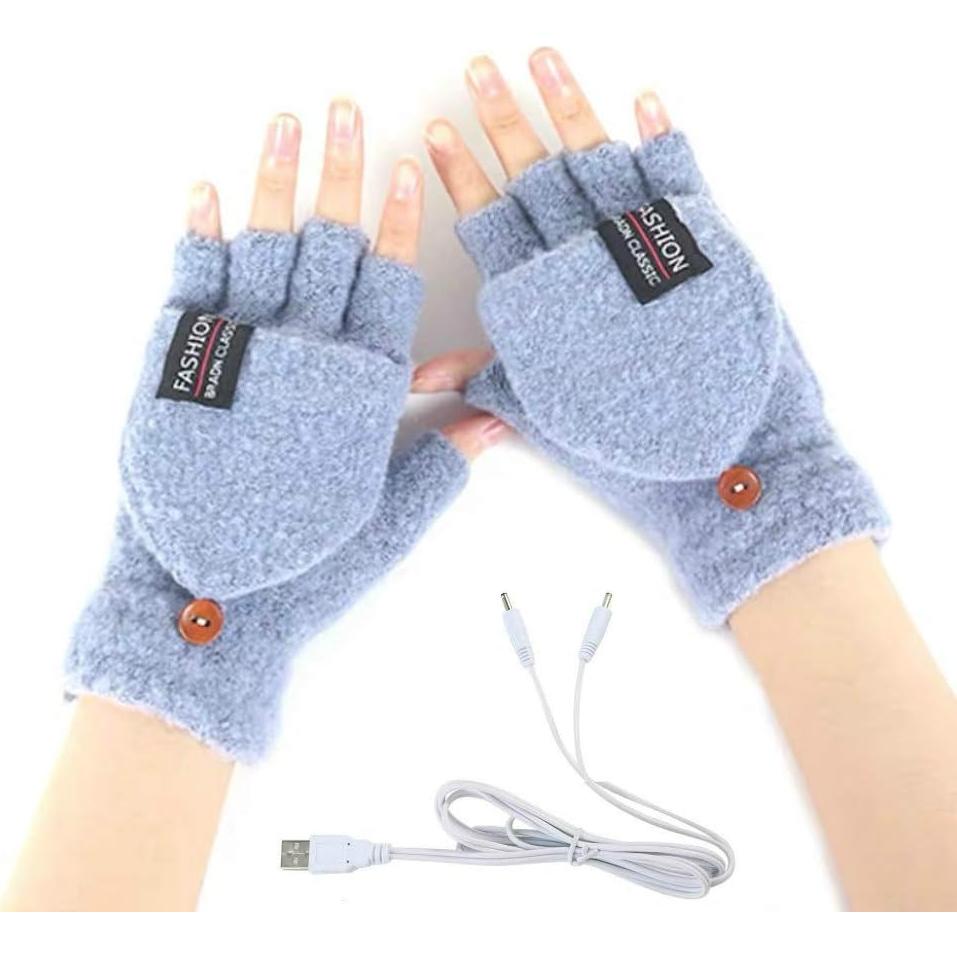 Guantes Calentados USB Kbinter para Invierno - Medios Dedos, Verde Menta/Azul