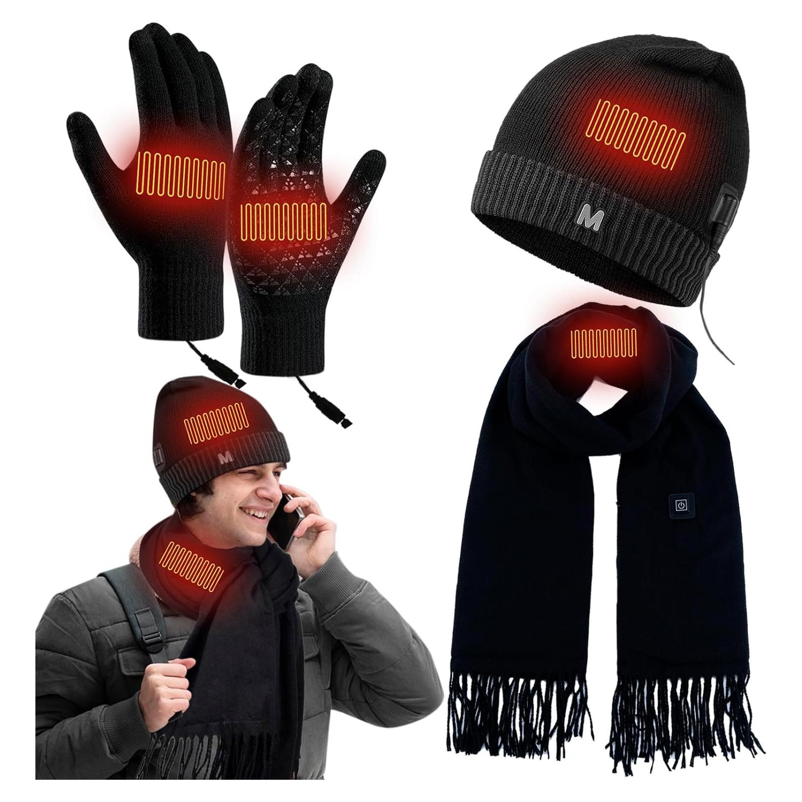 Conjunto calefactable USB Gorro Bufanda Guantes Negro