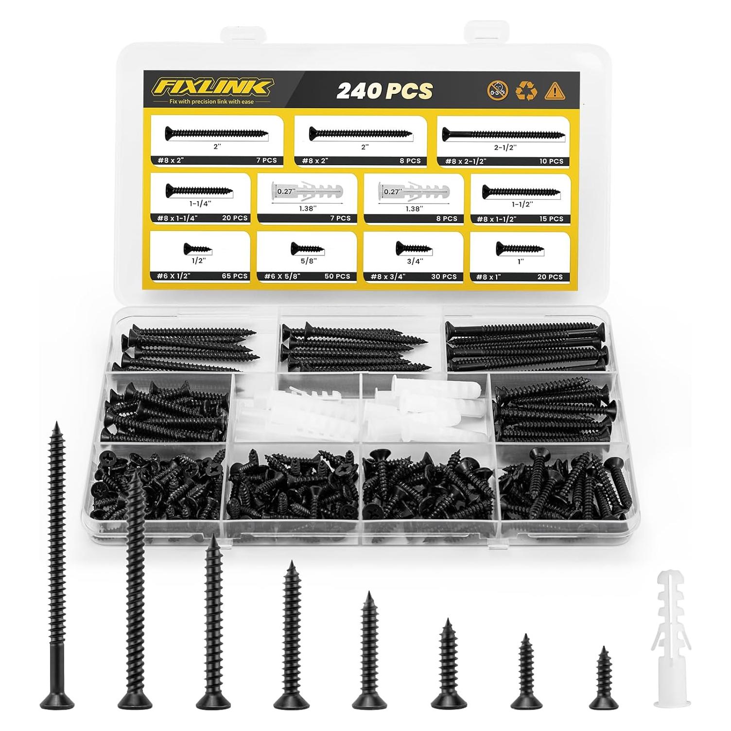 Kit de Tornillos de Madera FIXLINK 240 PCS 8 Tamaños Negro