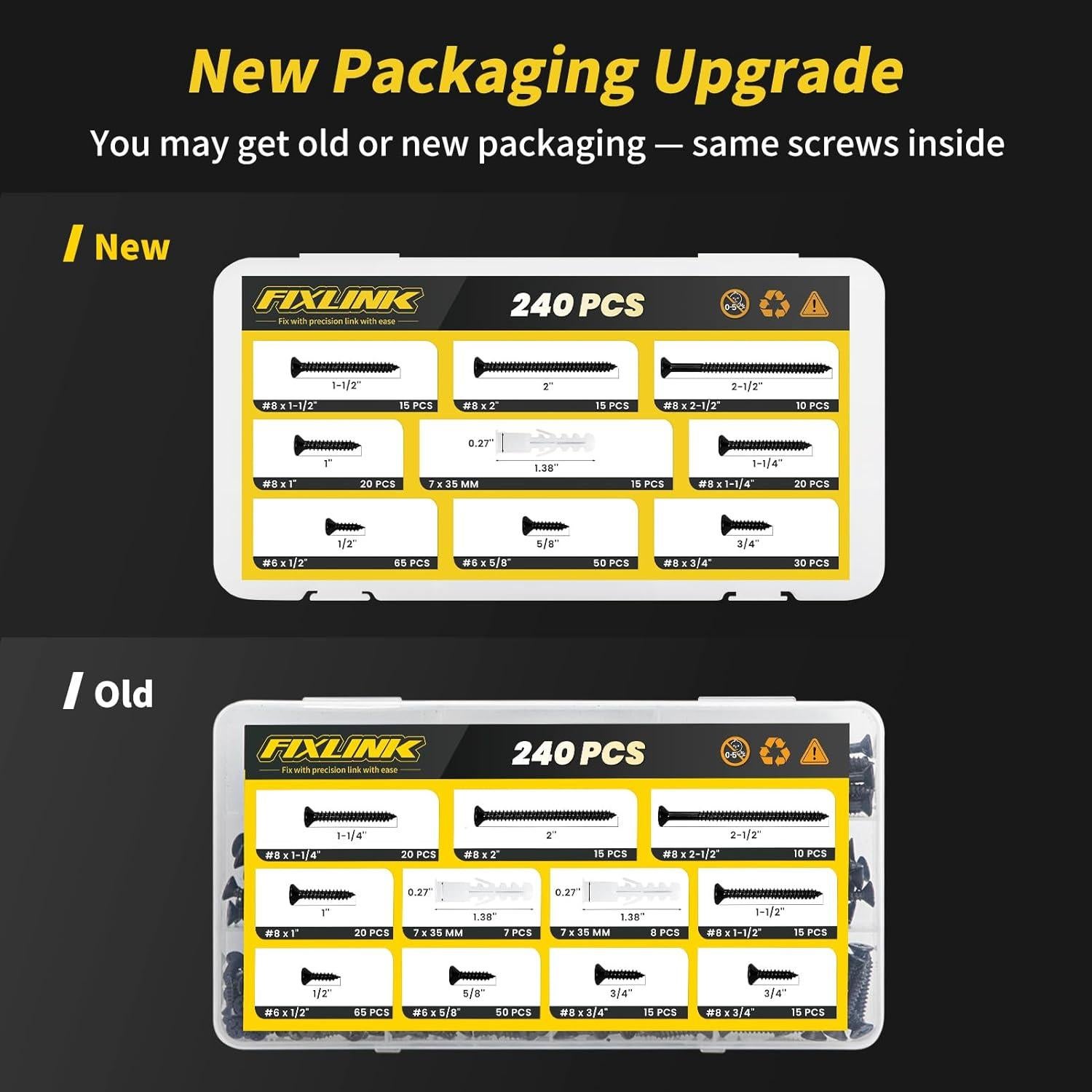 Kit de Tornillos de Madera FIXLINK 240 PCS 8 Tamaños Negro