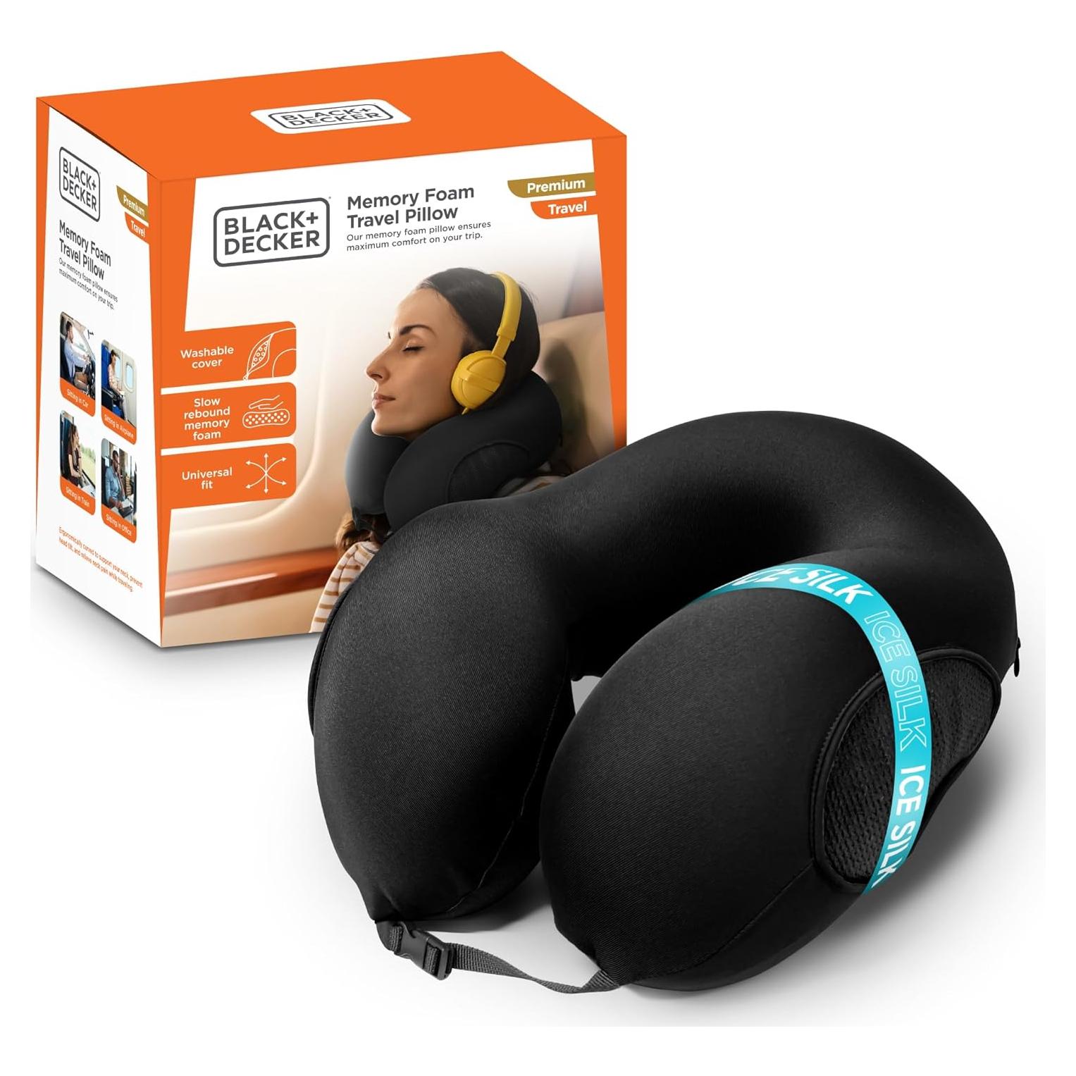 Almohada de Viaje Espuma Memoria BLACK+DECKER Negra 31x27cm