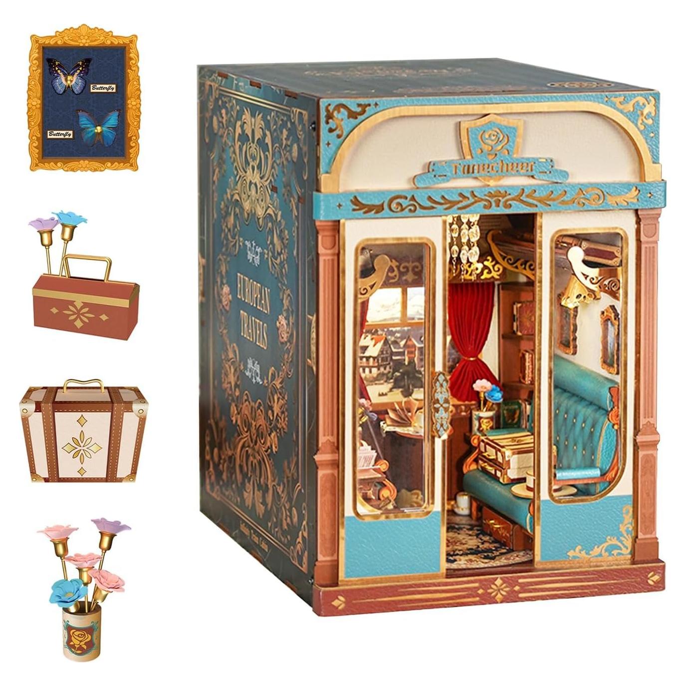 Kit de Rincón de Libros Tonecheer Carroza Vintage 3D Madera