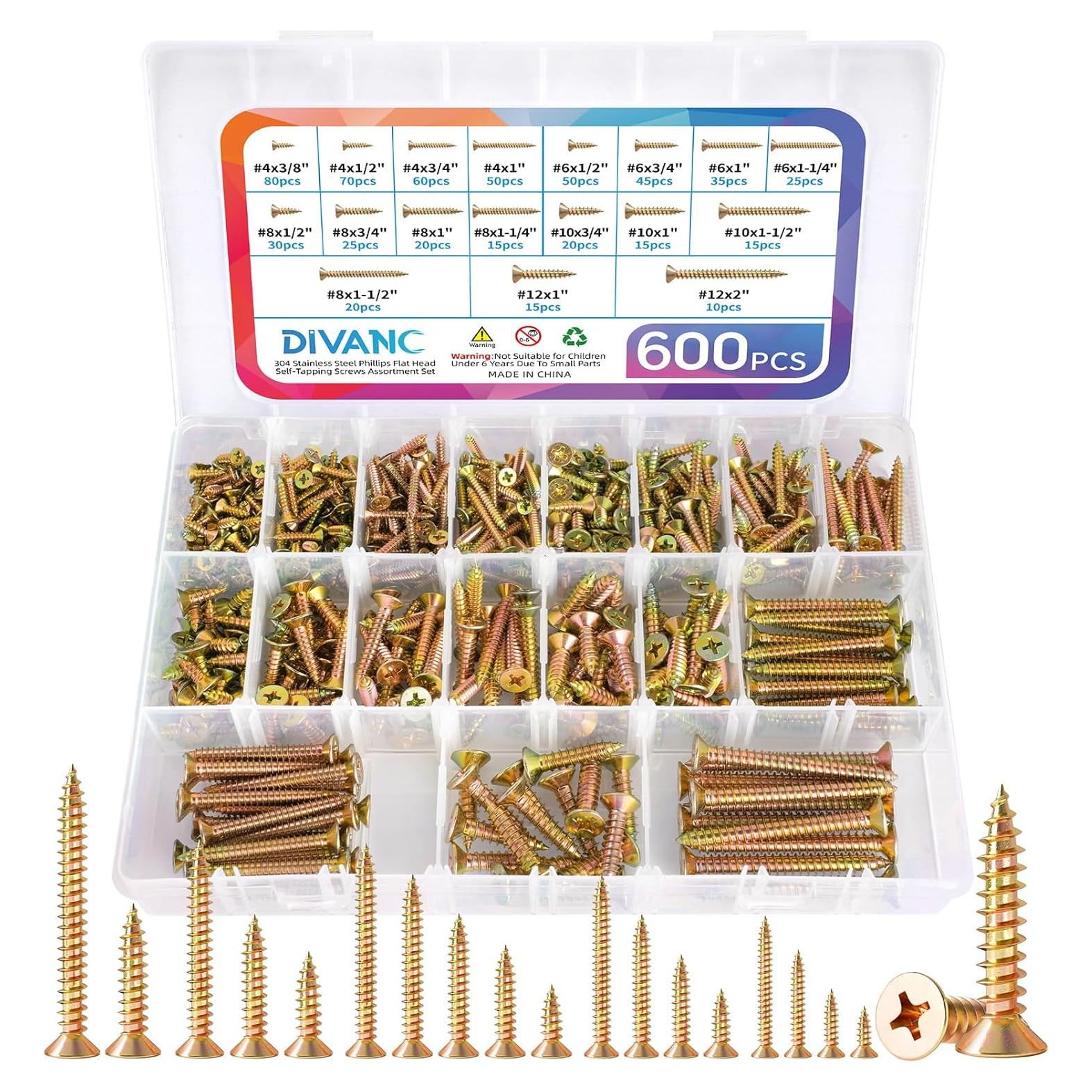 Kit de Tornillos de Madera DIVANC 600 Pcs Acero Inoxidable