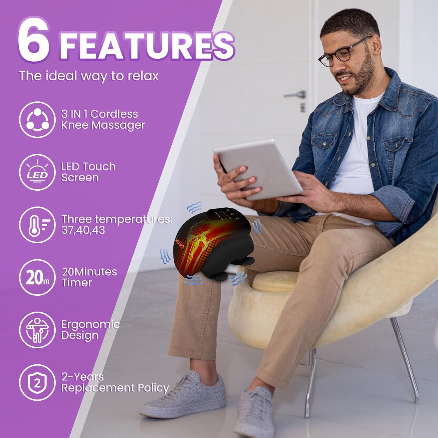 Knee Massager with Heat, 3-in-1 Smart Portable, 3 Vibration Modes and 3 Heating Levels LED Vitality Joints Knee Massager, Gift for Men and Women, Black