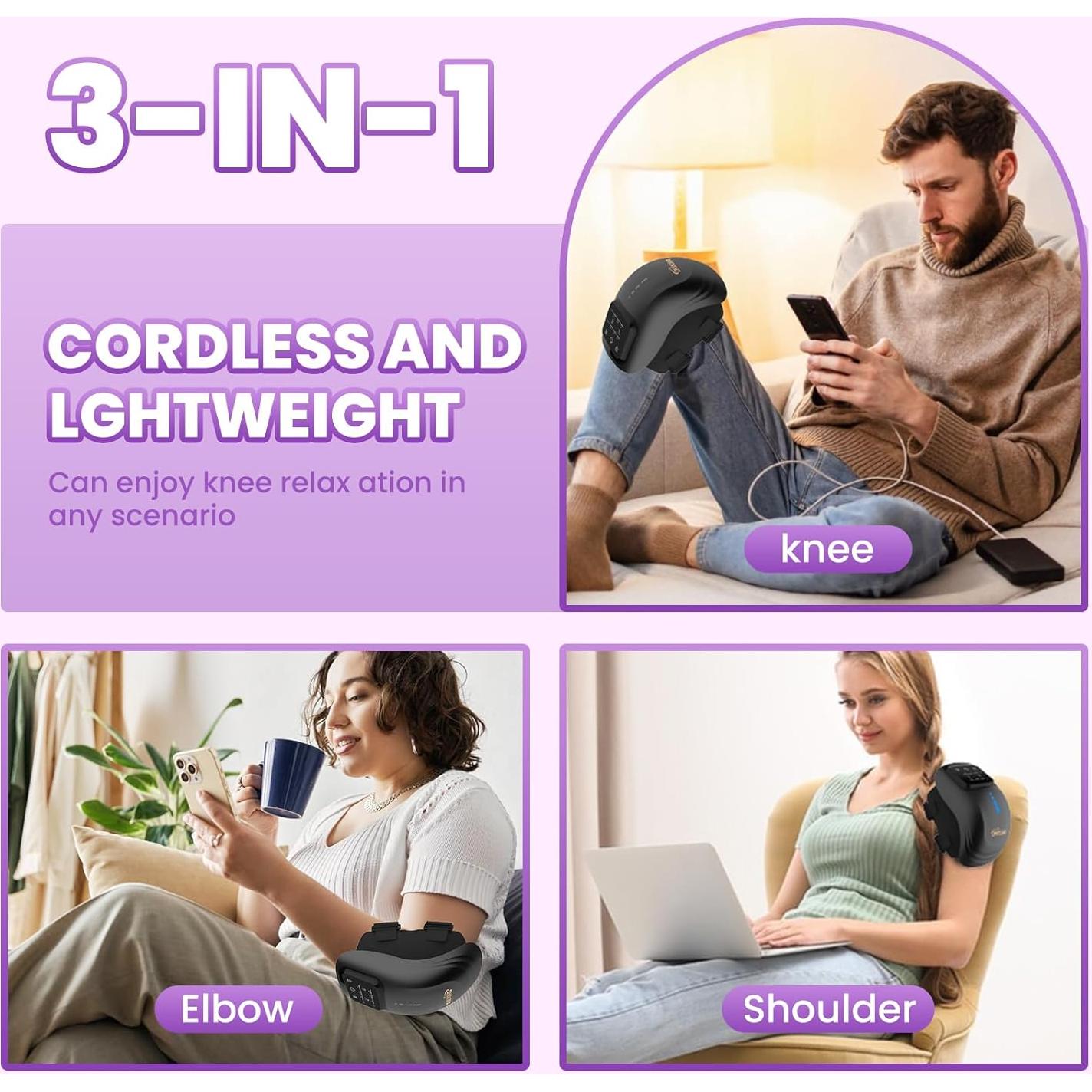 Knee Massager with Heat, 3-in-1 Smart Portable, 3 Vibration Modes and 3 Heating Levels LED Vitality Joints Knee Massager, Gift for Men and Women, Black