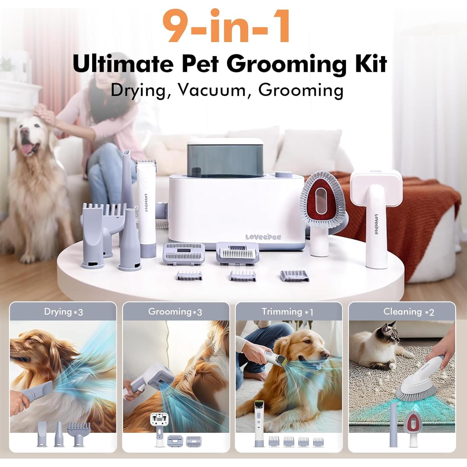 Kit de Aspiradora y Secador para Perros Loveepee 9-en-1 21KPa
